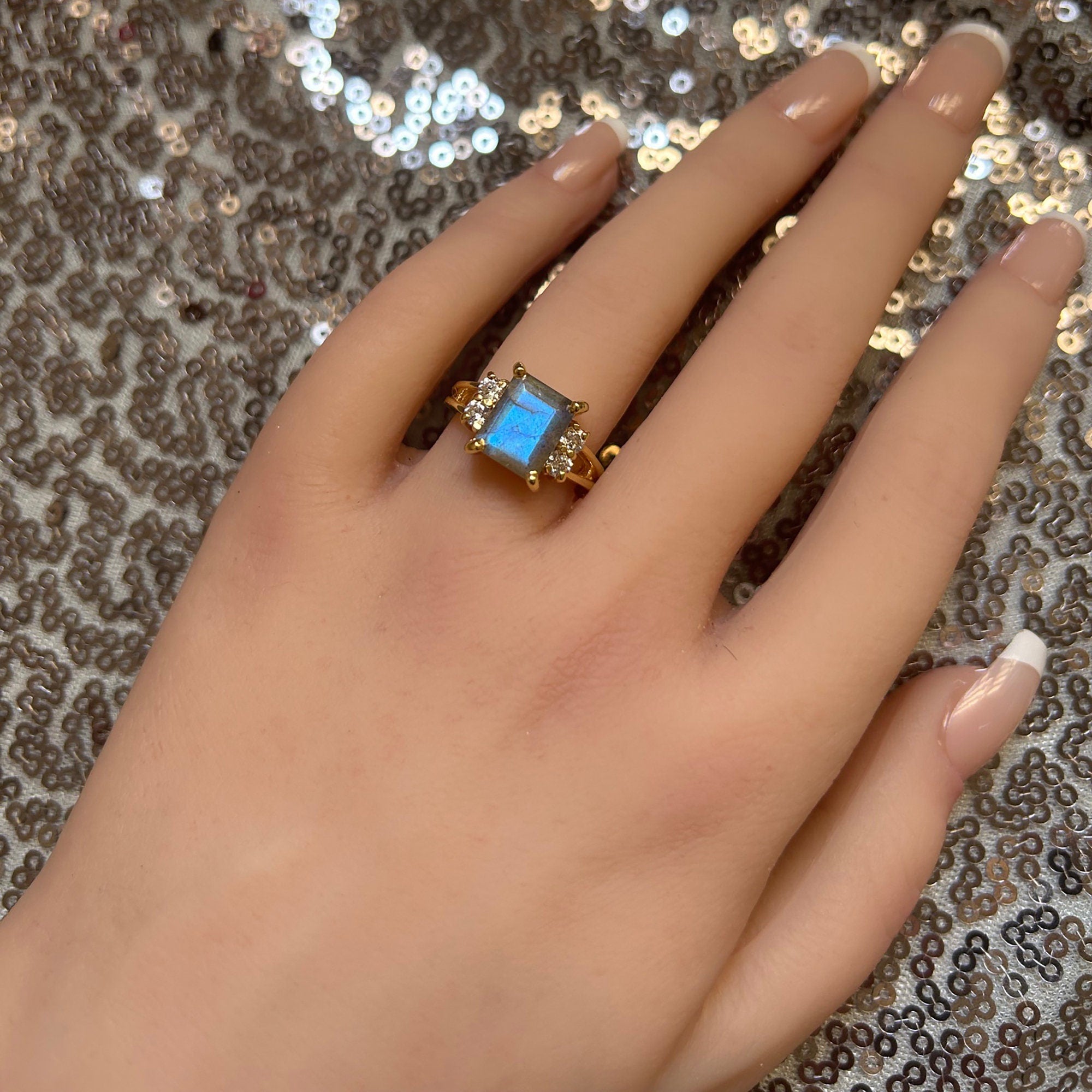 Octagon Labradorite Double Band Ring with Clear Quartz Accents - H.L.Jewelry