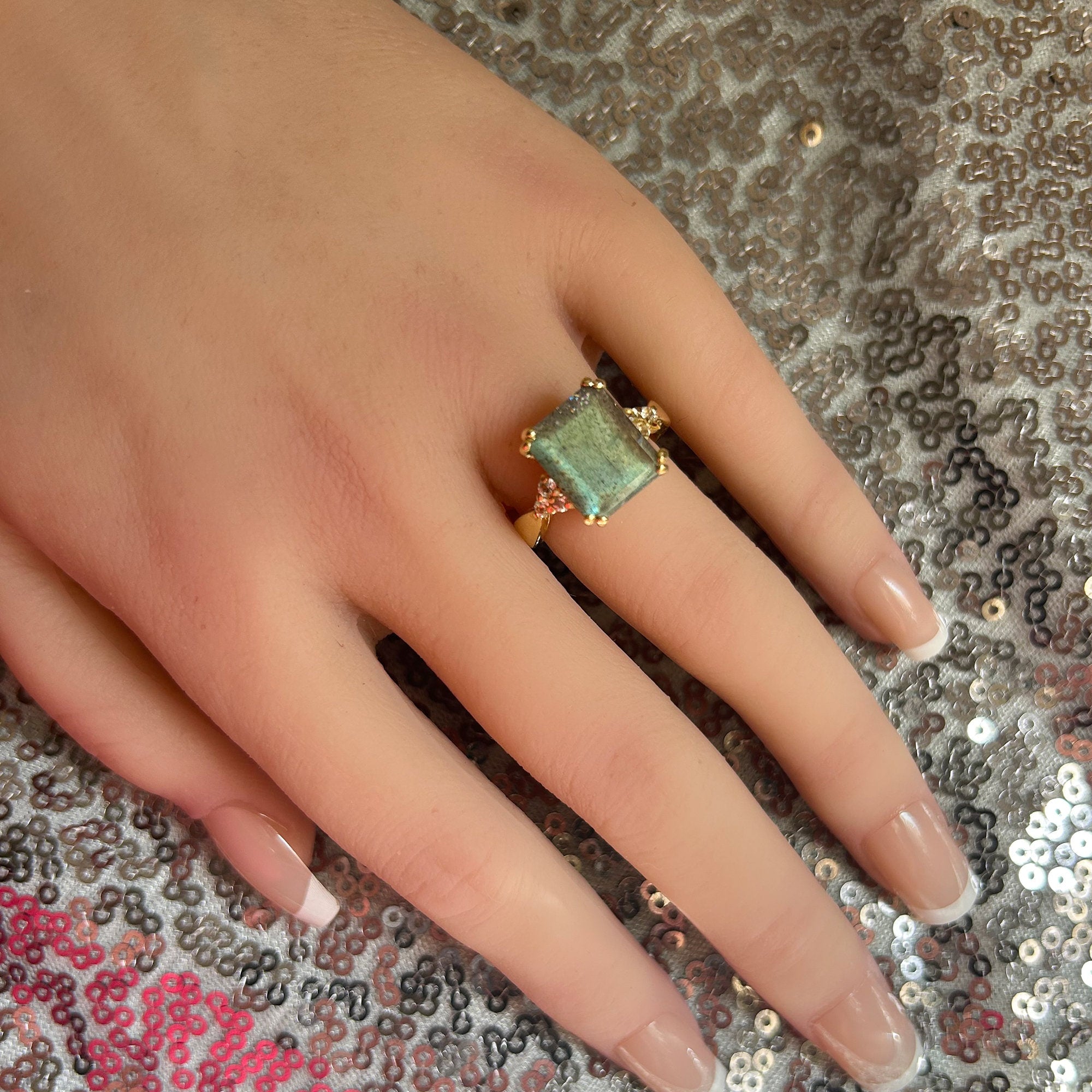 Octagon Labradorite Statement Ring with Clear Quartz Accents - H.L.Jewelry