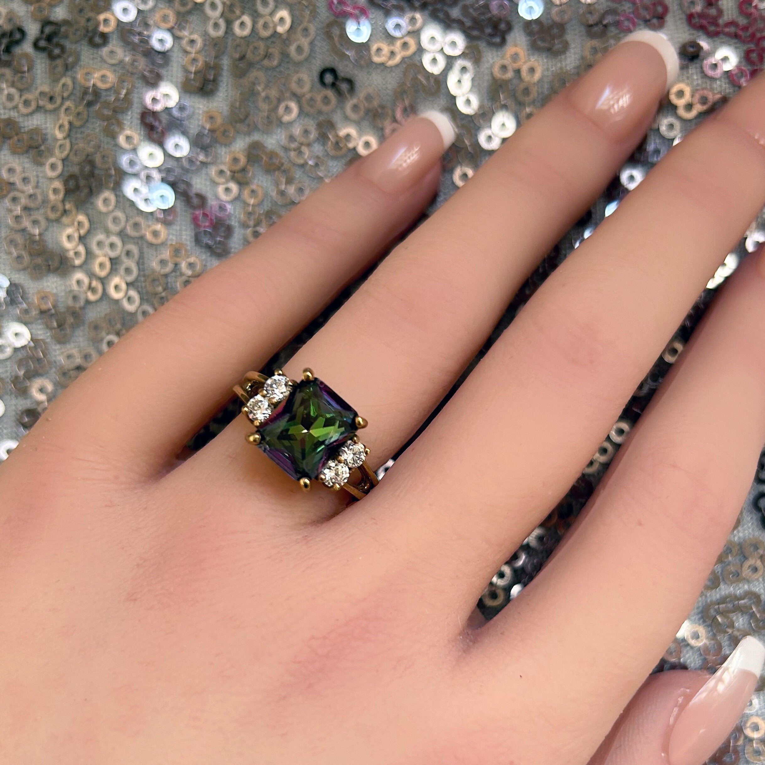 Octagon Mystic Topaz Double Band Ring with Clear Quartz Accents - H.L.Jewelry