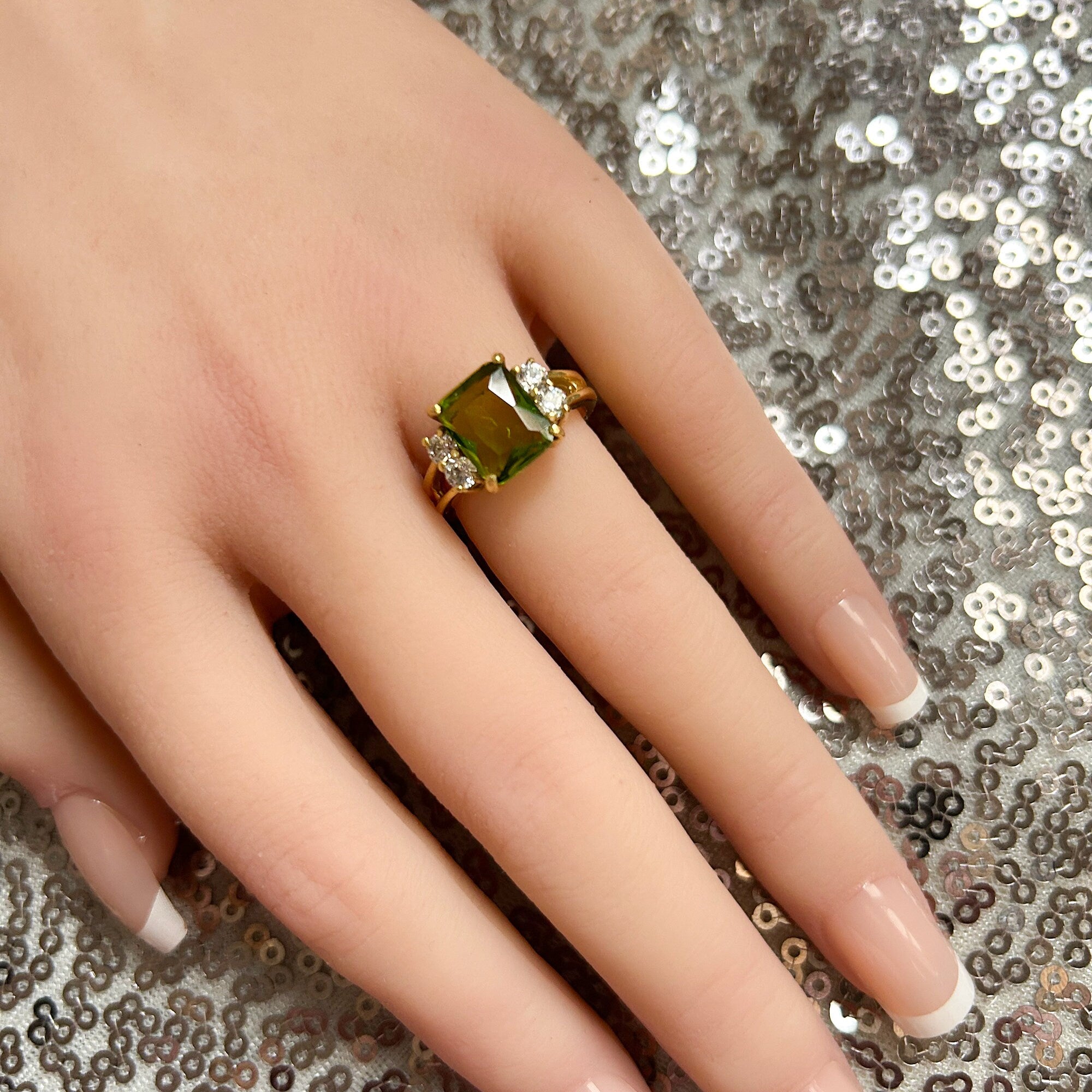 Octagon Peridot Double Band Ring with Clear Quartz Accents - H.L.Jewelry