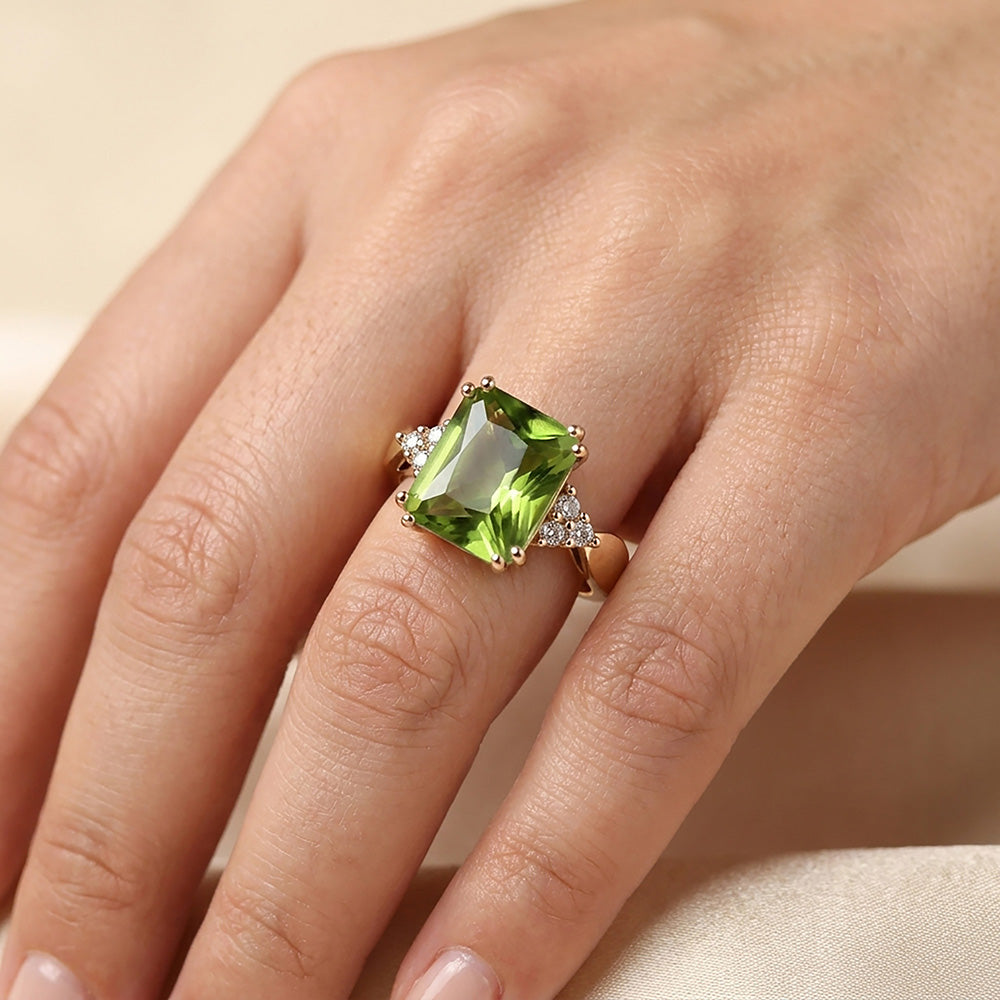 Octagon Peridot Statement Ring with Clear Quartz Accents - H.L.Jewelry