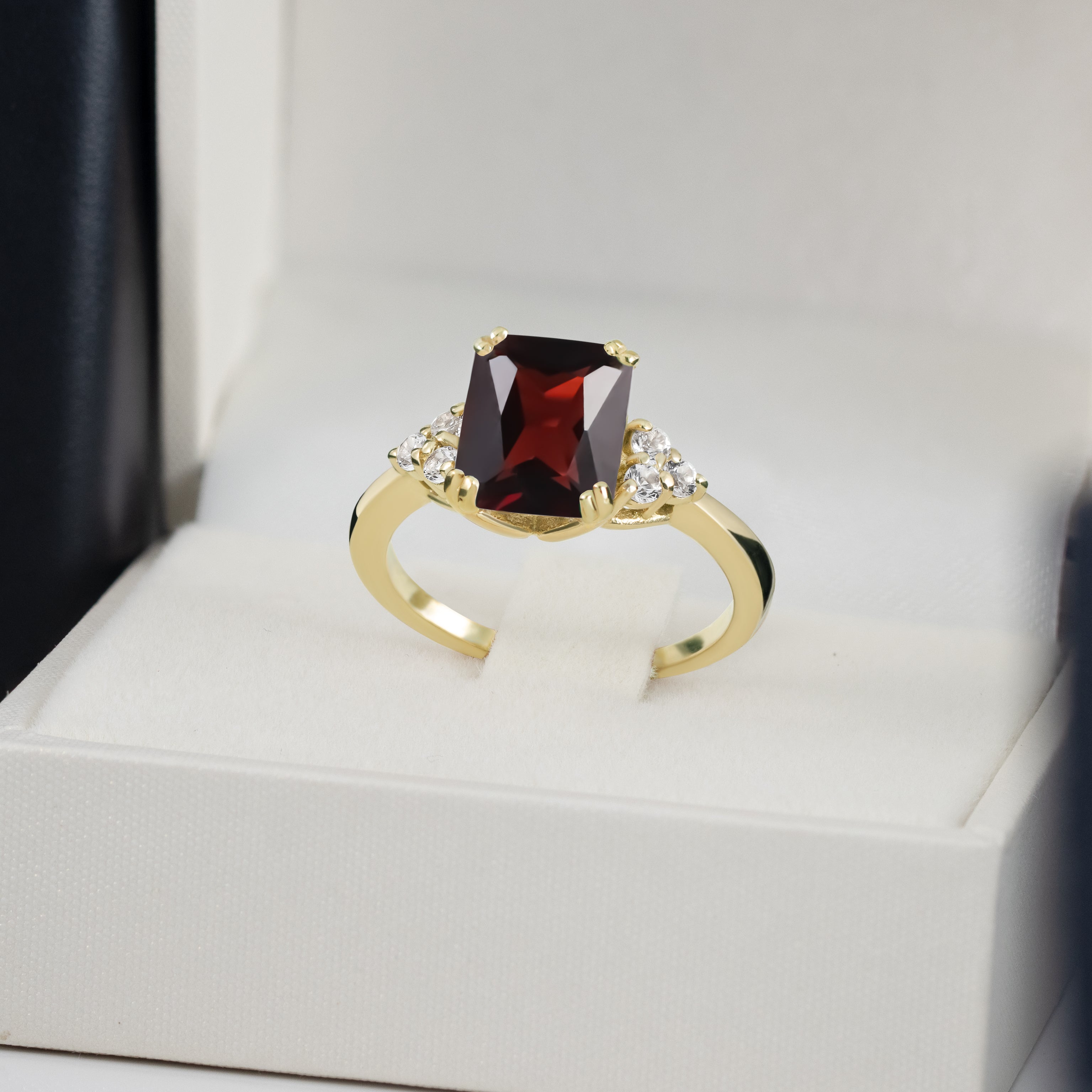 Octagon Red Garnet Engagement Ring with Clear Quartz Accents - H.L.Jewelry