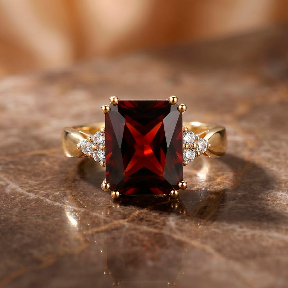 Octagon Red Garnet Statement Ring with Clear Quartz Accents - H.L.Jewelry