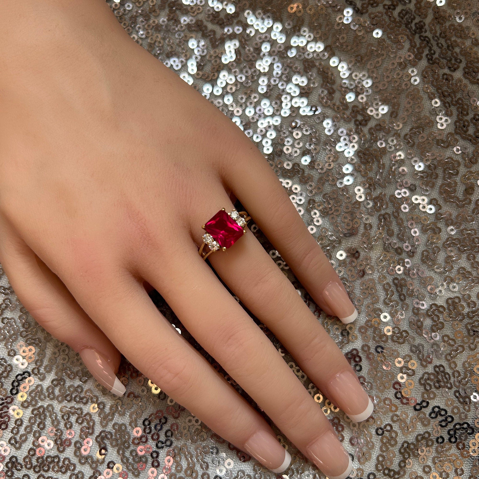 Octagon Ruby Double Band Ring with Clear Quartz Accents - H.L.Jewelry