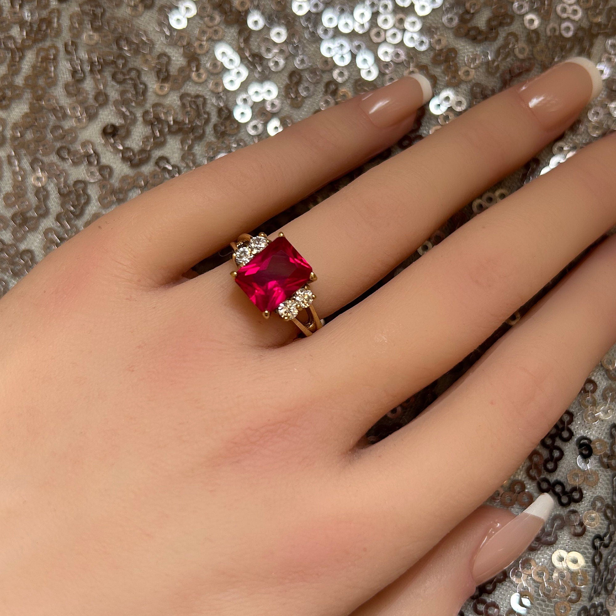 Octagon Ruby Double Band Ring with Clear Quartz Accents - H.L.Jewelry