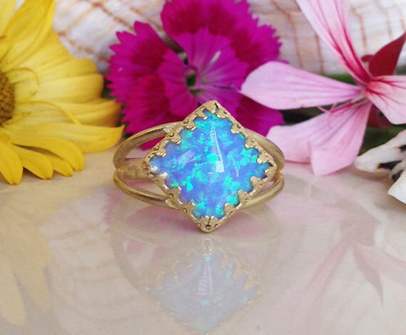 October Birthstone Blue Opal Square Crown Statement Double Band Ring - H.L.Jewelry