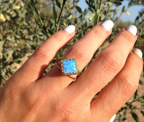 October Birthstone Blue Opal Square Crown Statement Double Band Ring - H.L.Jewelry