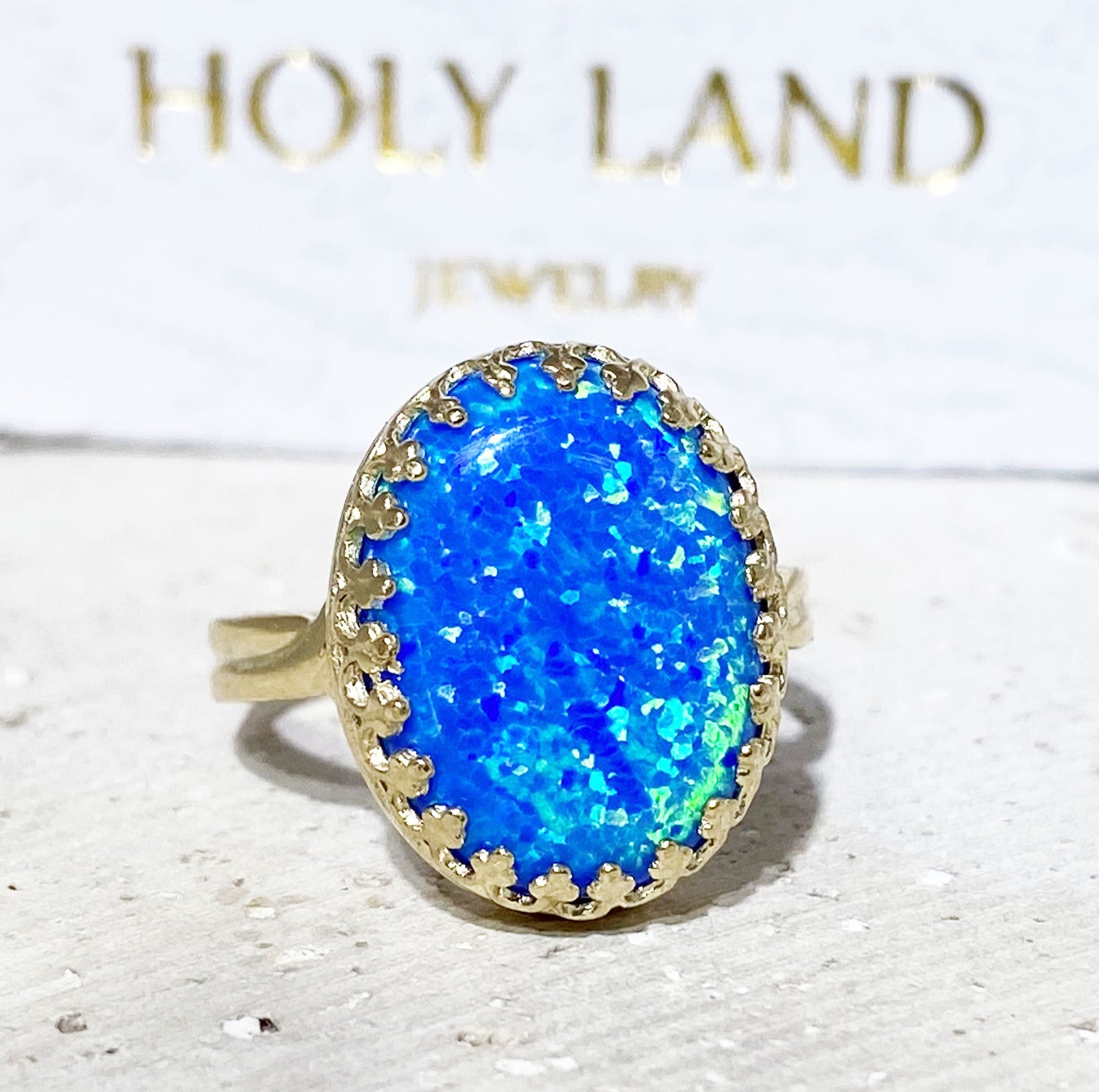 October Birthstone Large Oval Blue Opal Crown Ring - H.L.Jewelry