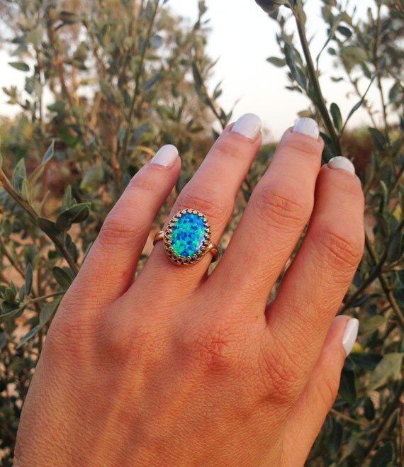 October Birthstone Large Oval Blue Opal Crown Ring - H.L.Jewelry