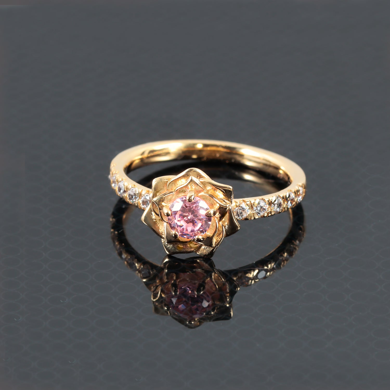 October Birthstone Round Rose Quartz Camellia Ring with Clear Quartz Accents - H.L.Jewelry