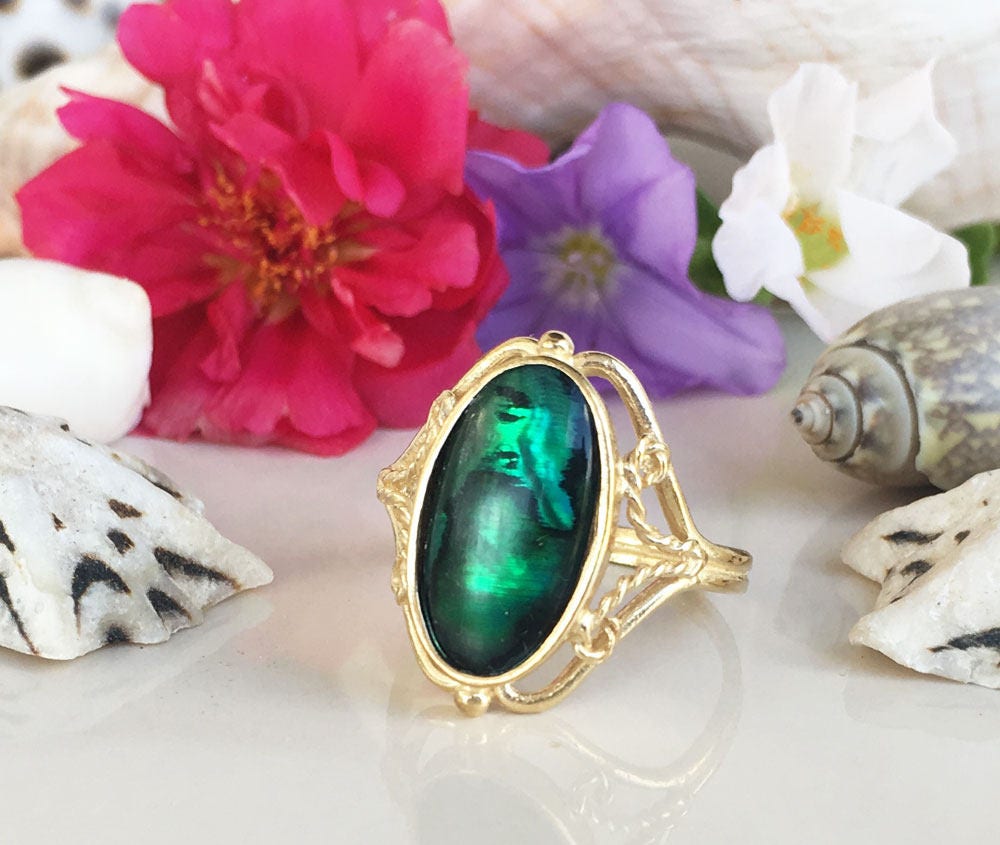 Oval Abalone Shell Gemstone Lace Statement Ring - H.L.Jewelry