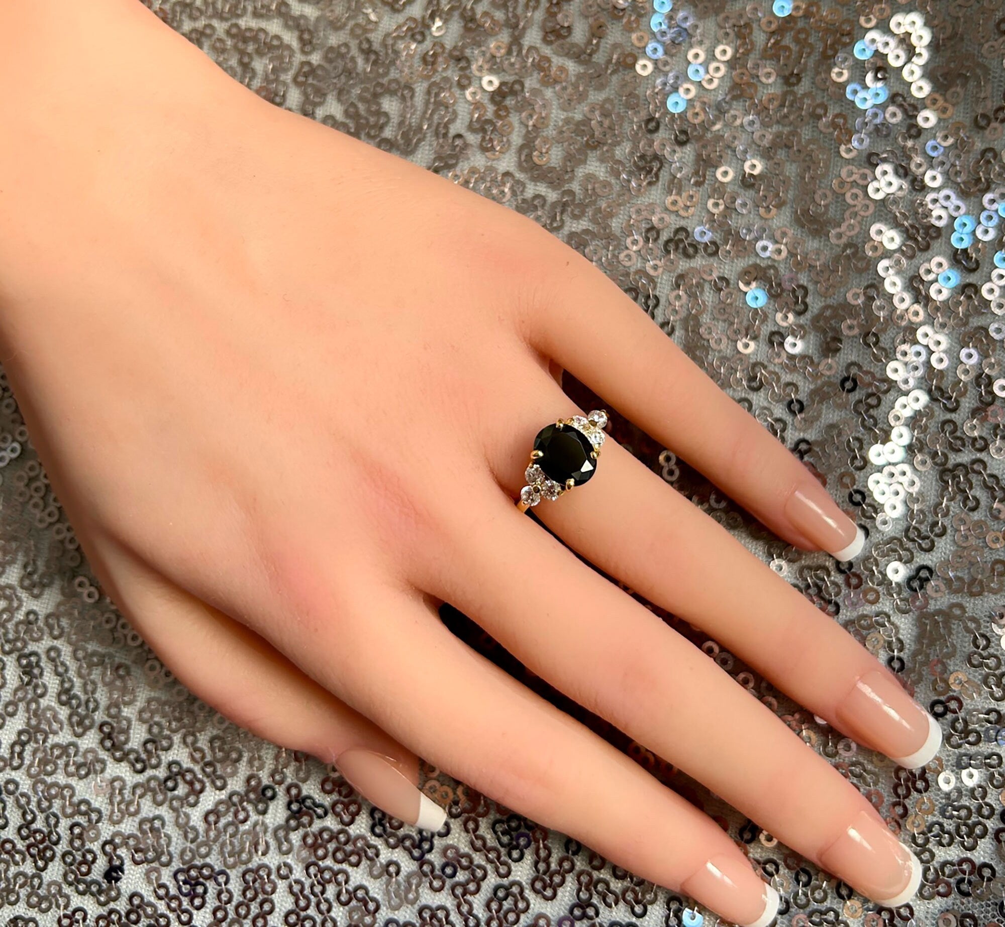 Oval Black Onyx Engagement Ring with Clear Quartz Accents - H.L.Jewelry