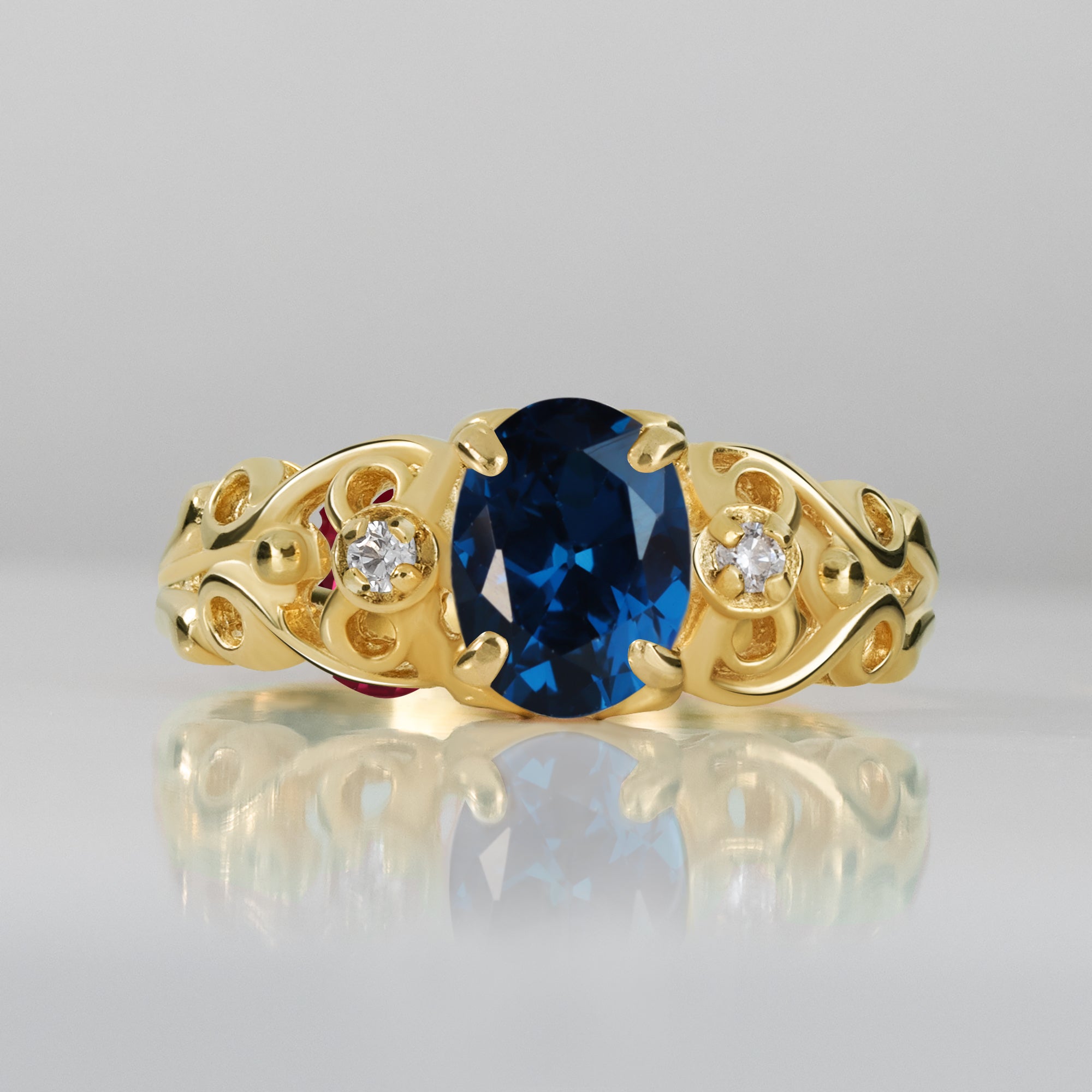 Oval Blue Sapphire Lace Ring with Clear Quartz Accents - H.L.Jewelry