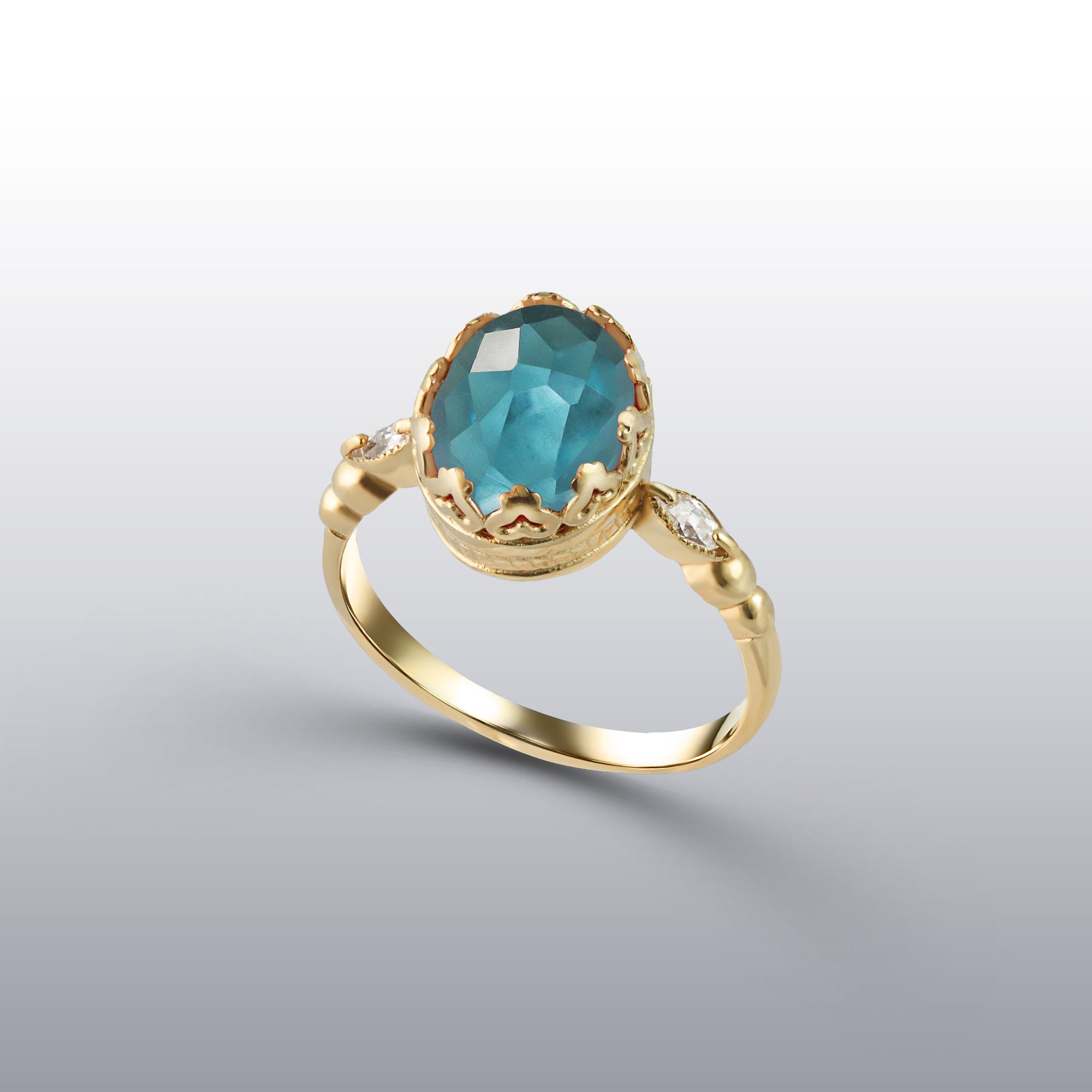 Oval Blue Topaz Vintage Oval Crown Ring with Clear Quartz Accents - H.L.Jewelry
