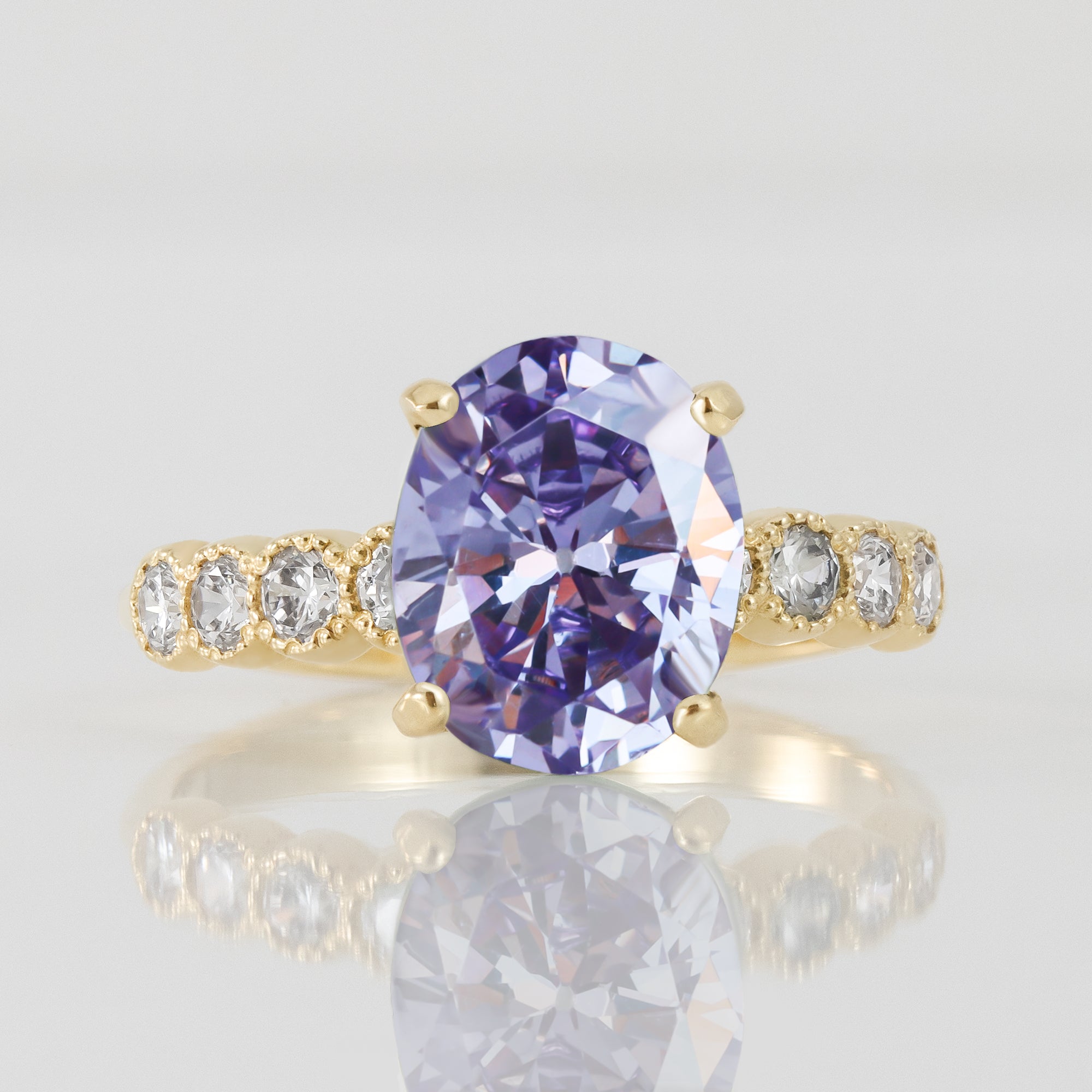 Oval Lavender Amethyst Engagement Ring with Clear Quartz Accents - H.L.Jewelry