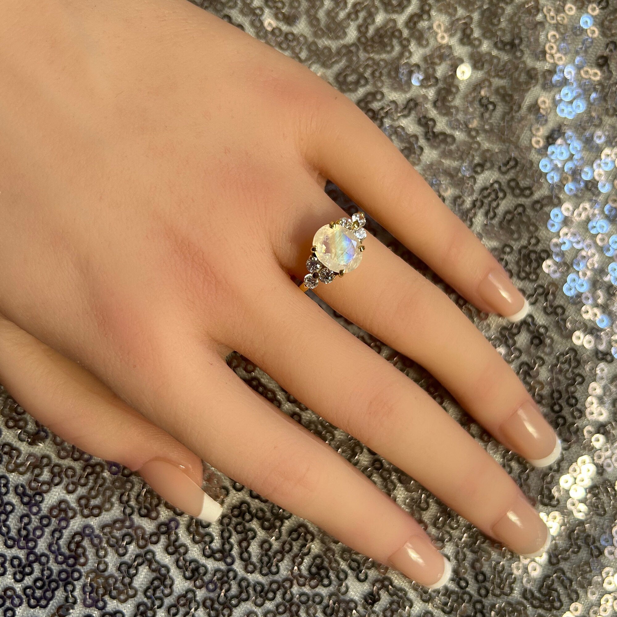 Oval Rainbow Moonstone Engagement Ring with Clear Quartz Accents - H.L.Jewelry