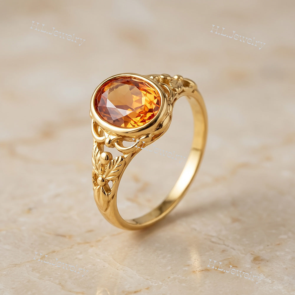 Oval Rose Cut Citrine Vintage-Inspired Gemstone Lace Ring - H.L.Jewelry