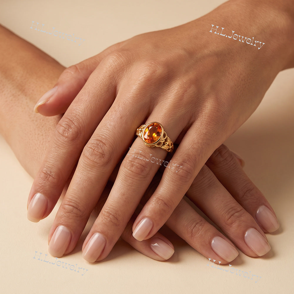 Oval Rose Cut Citrine Vintage-Inspired Gemstone Lace Ring - H.L.Jewelry