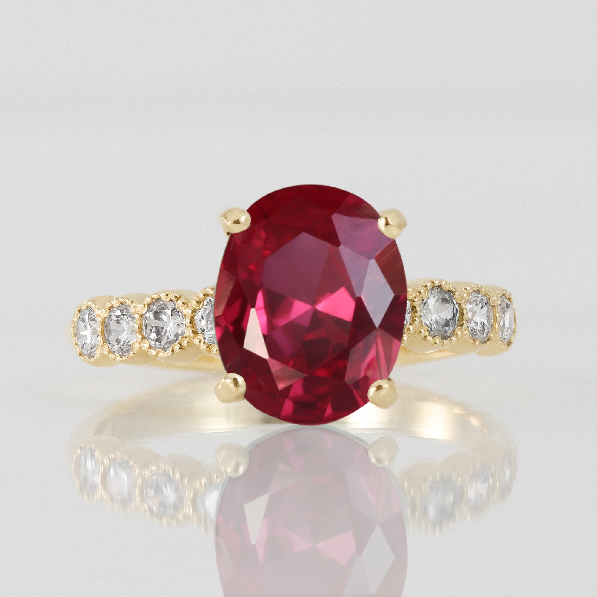 Oval Ruby Engagement Ring with Clear Quartz Accents - H.L.Jewelry