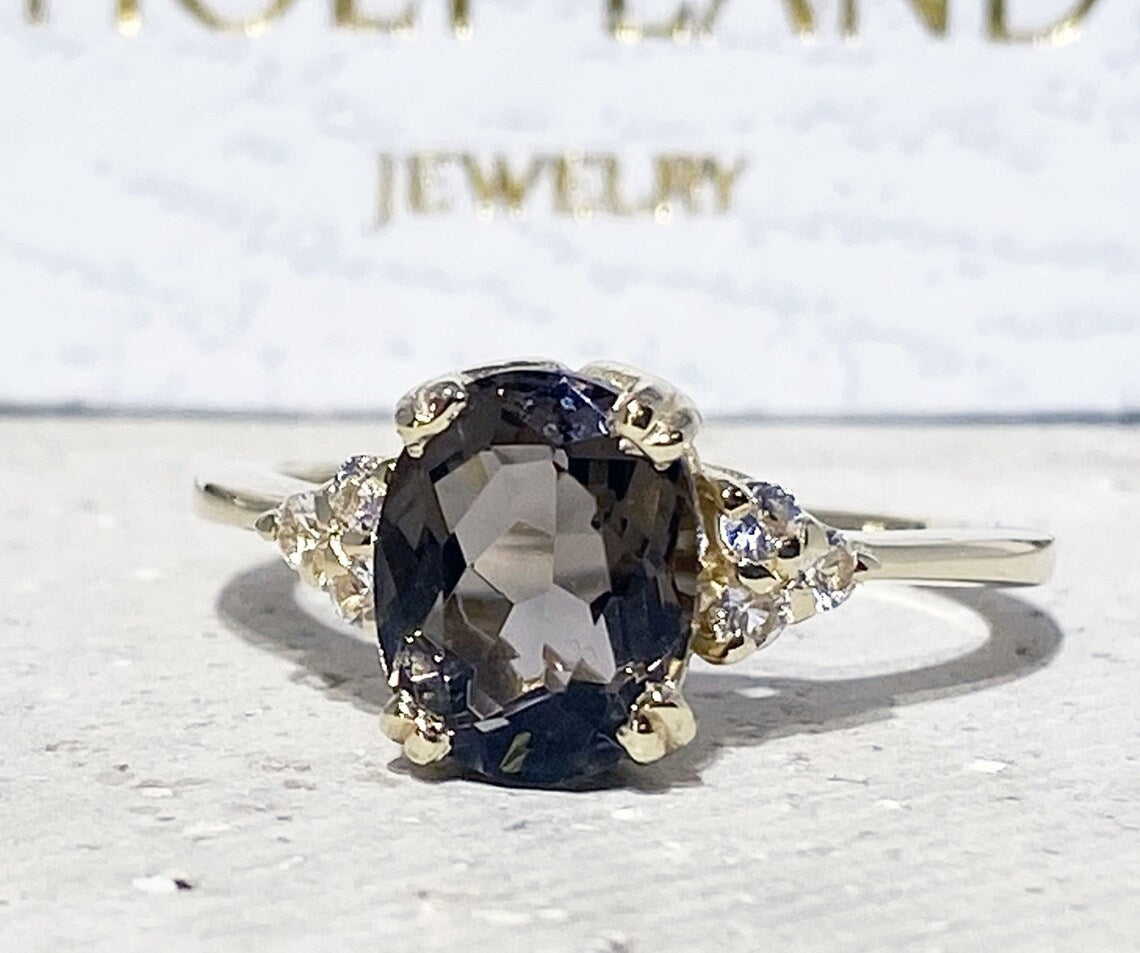 Oval Smoky Quartz Engagement Ring with Clear Quartz Accents - H.L.Jewelry