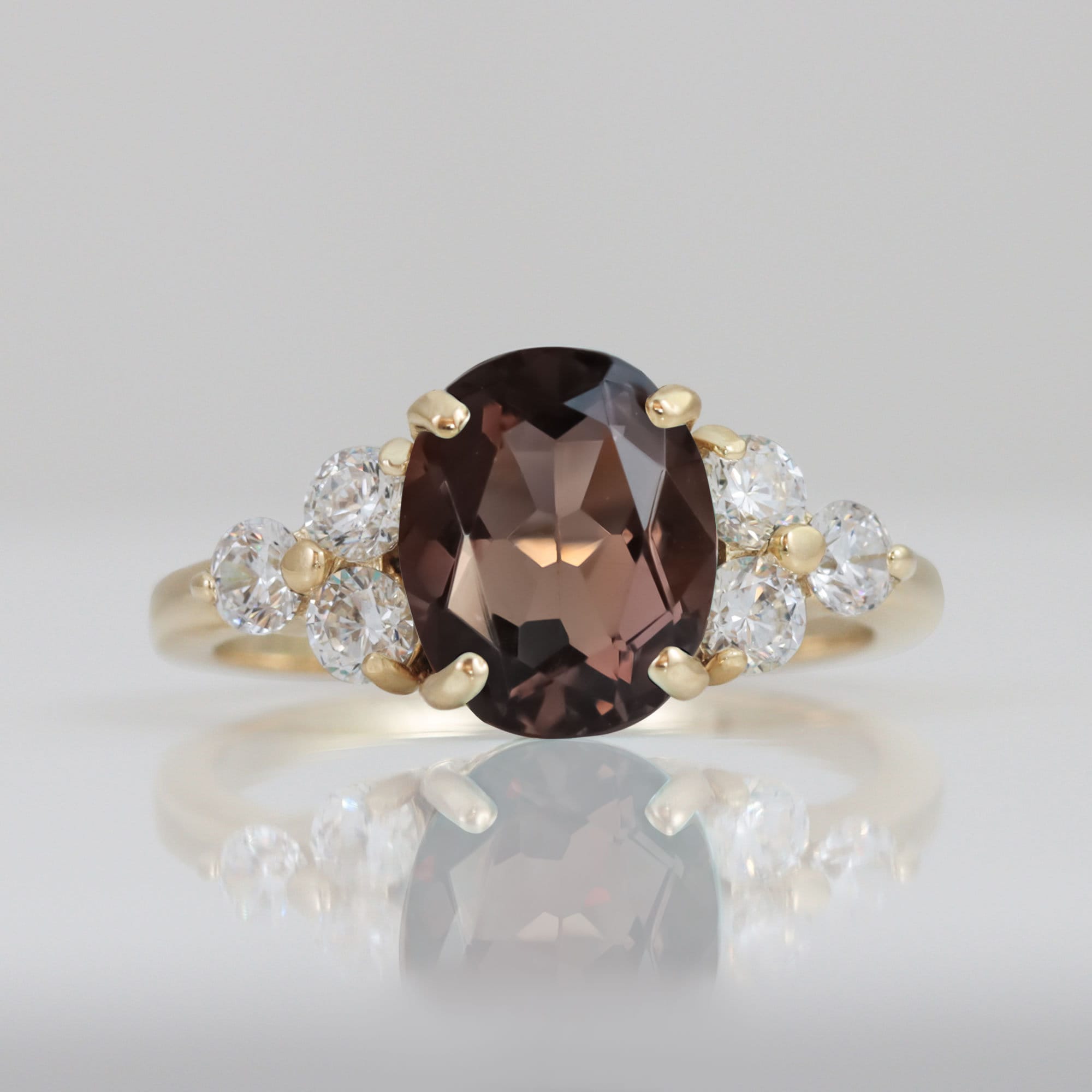 Oval Smoky Quartz Engagement Ring with Clear Quartz Accents - H.L.Jewelry