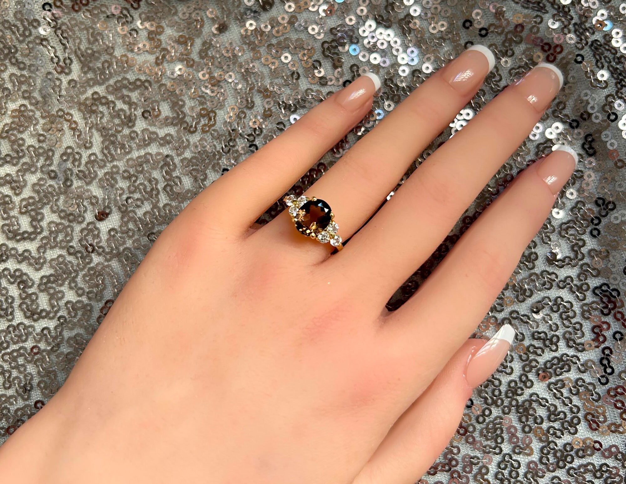 Oval Smoky Quartz Engagement Ring with Clear Quartz Accents - H.L.Jewelry