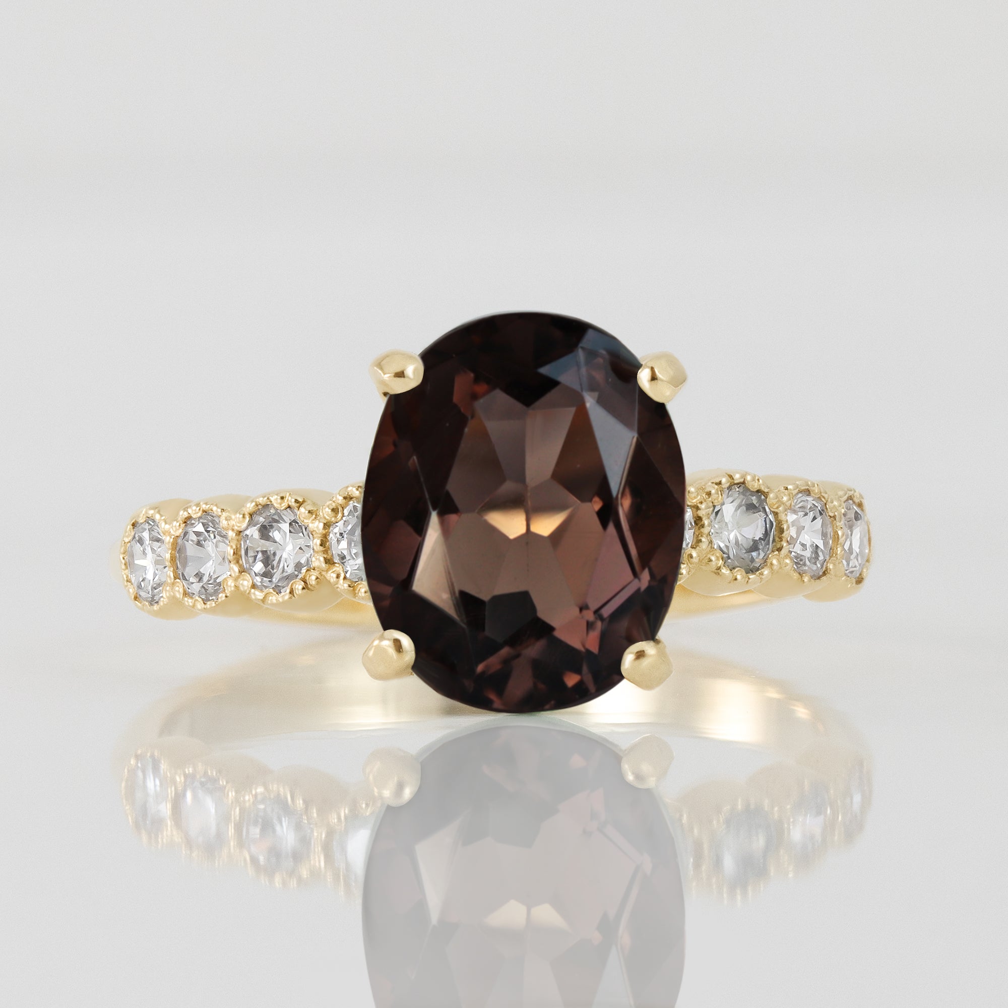 Oval Smoky Quartz Engagement Ring with Clear Quartz Side Accents - H.L.Jewelry