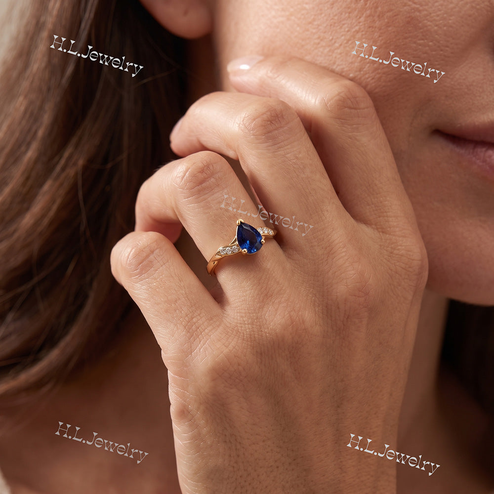 Pear-Shaped Blue Sapphire Delicate Ring with Clear Quartz Accents - H.L.Jewelry