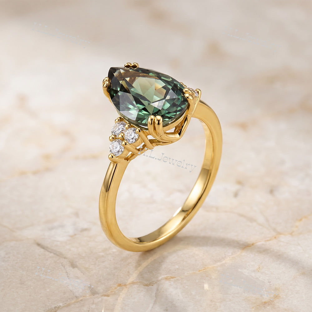 Pear-Shaped Green Tourmaline Engagement Ring with Clear Quartz Accents - H.L.Jewelry