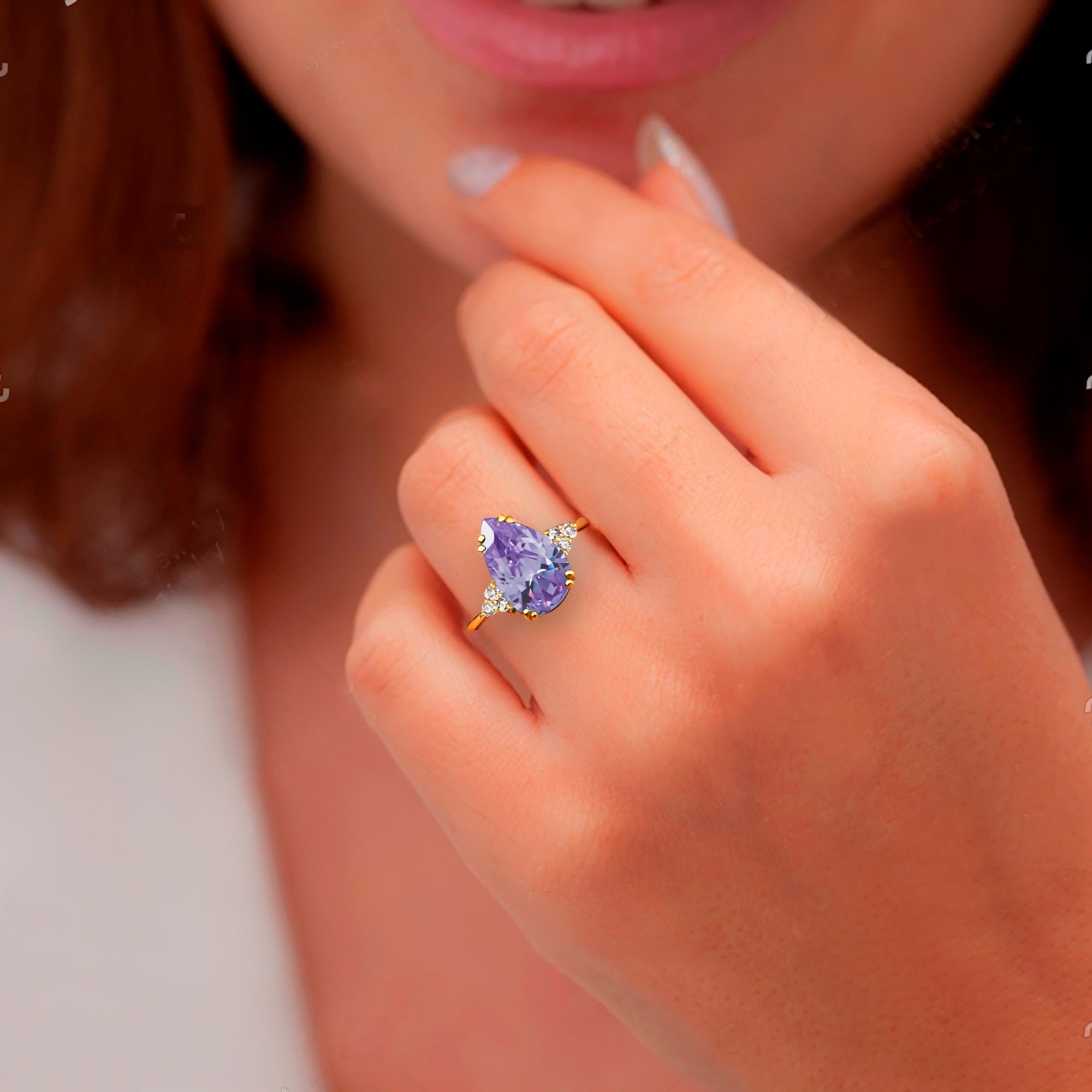 Pear-Shaped Lavender Amethyst Engagement Ring with Clear Quartz Accents - H.L.Jewelry