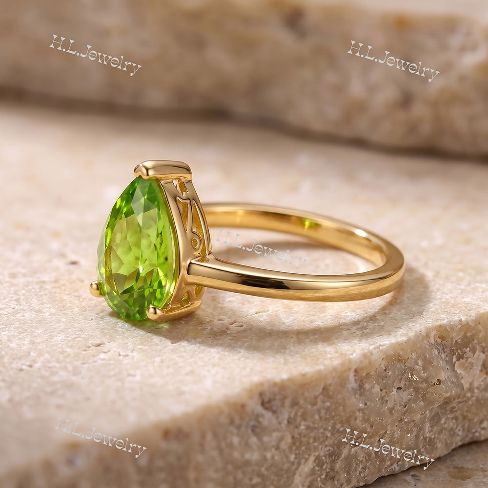 Pear-Shaped Peridot Gemstone Lace Setting Ring - H.L.Jewelry