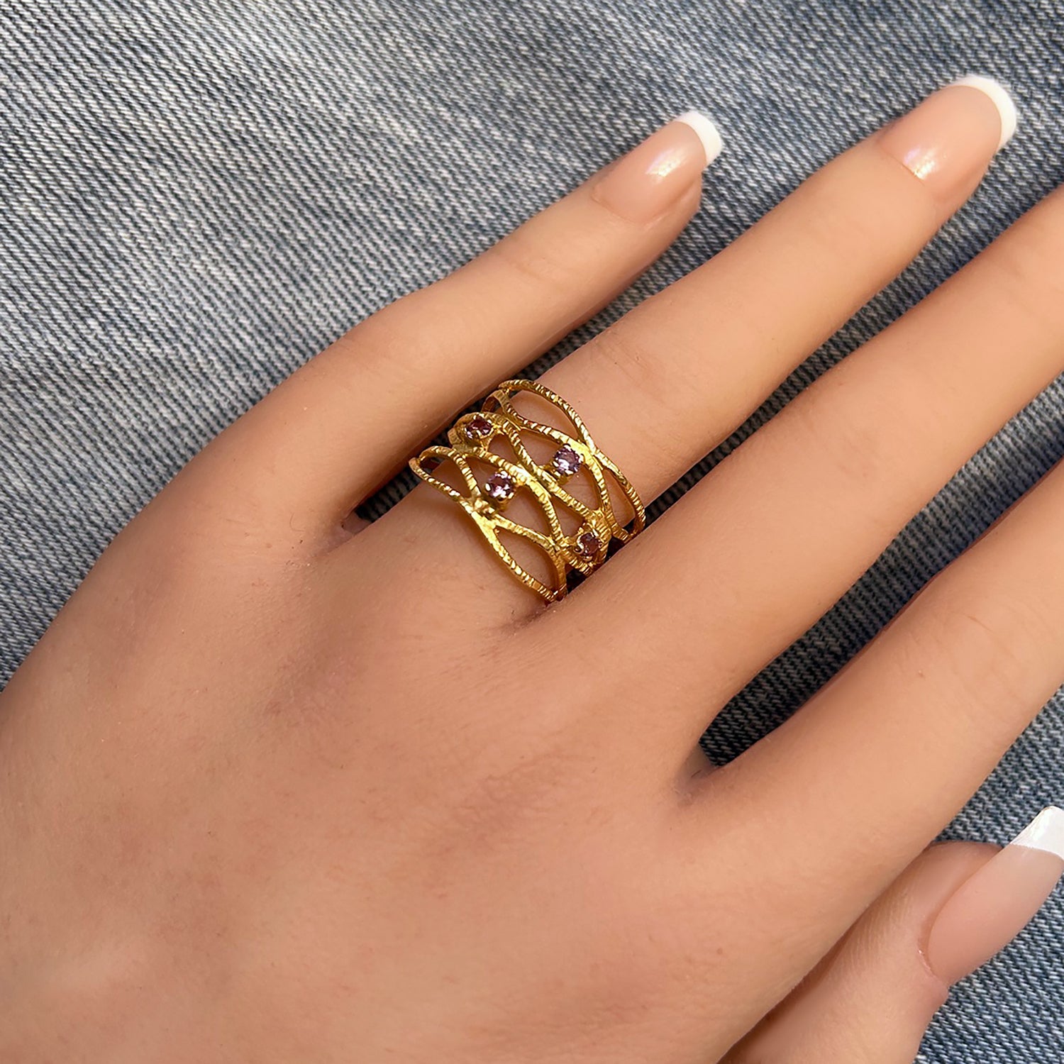 Round Alexandrite Four Stone Wide Hammered Band Ring - H.L.Jewelry