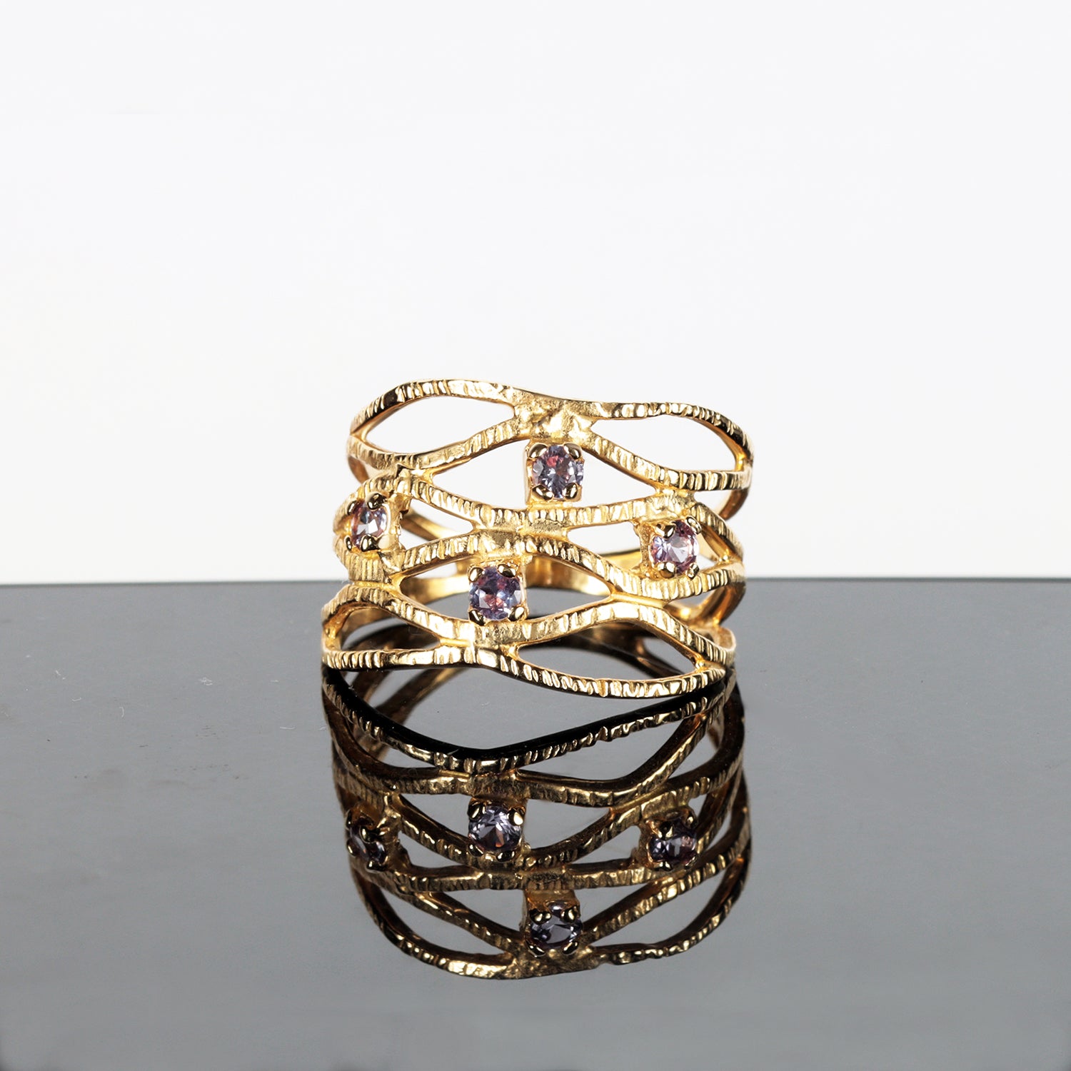 Round Alexandrite Four Stone Wide Hammered Band Ring - H.L.Jewelry