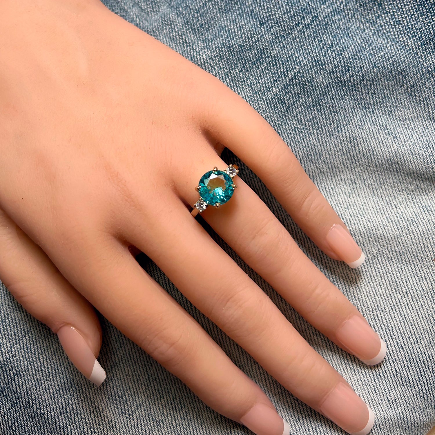 Round Aquamarine Statement Ring with Clear Quartz Accents - H.L.Jewelry