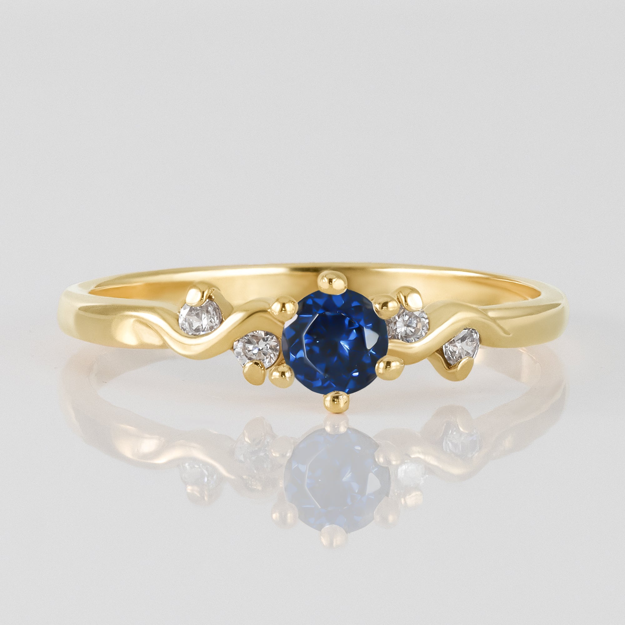 Round Blue Sapphire Delicate Ring with Clear Quartz Accents - H.L.Jewelry