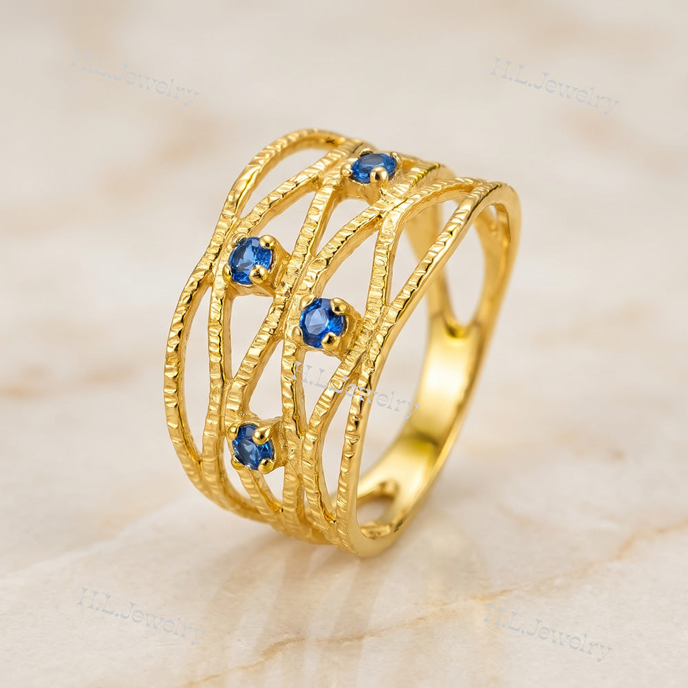 Round Blue Topaz Four Stone Wide Hammered Band Ring - H.L.Jewelry