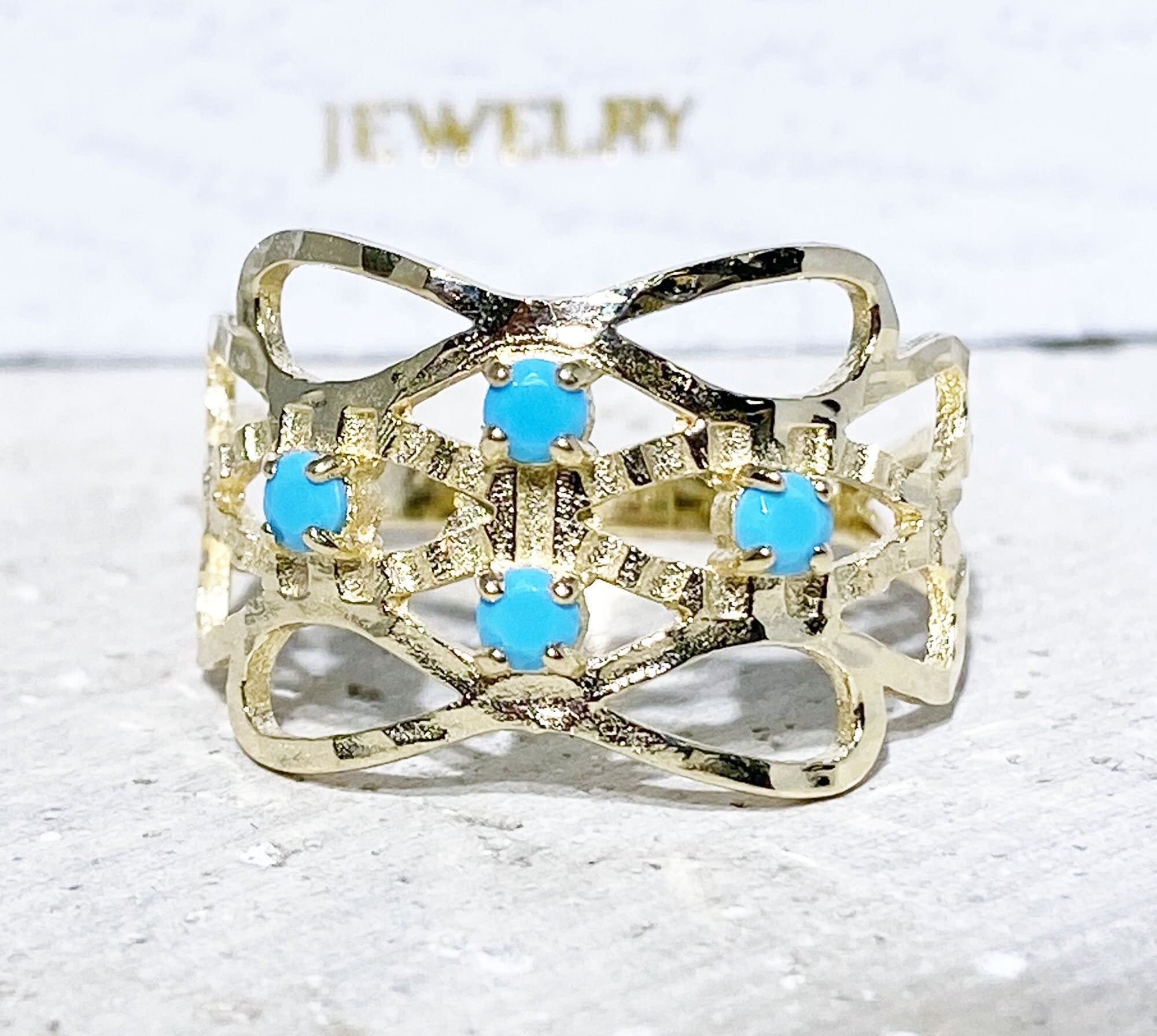 Round Blue Turquoise Four Stone Hammered Band Ring - H.L.Jewelry