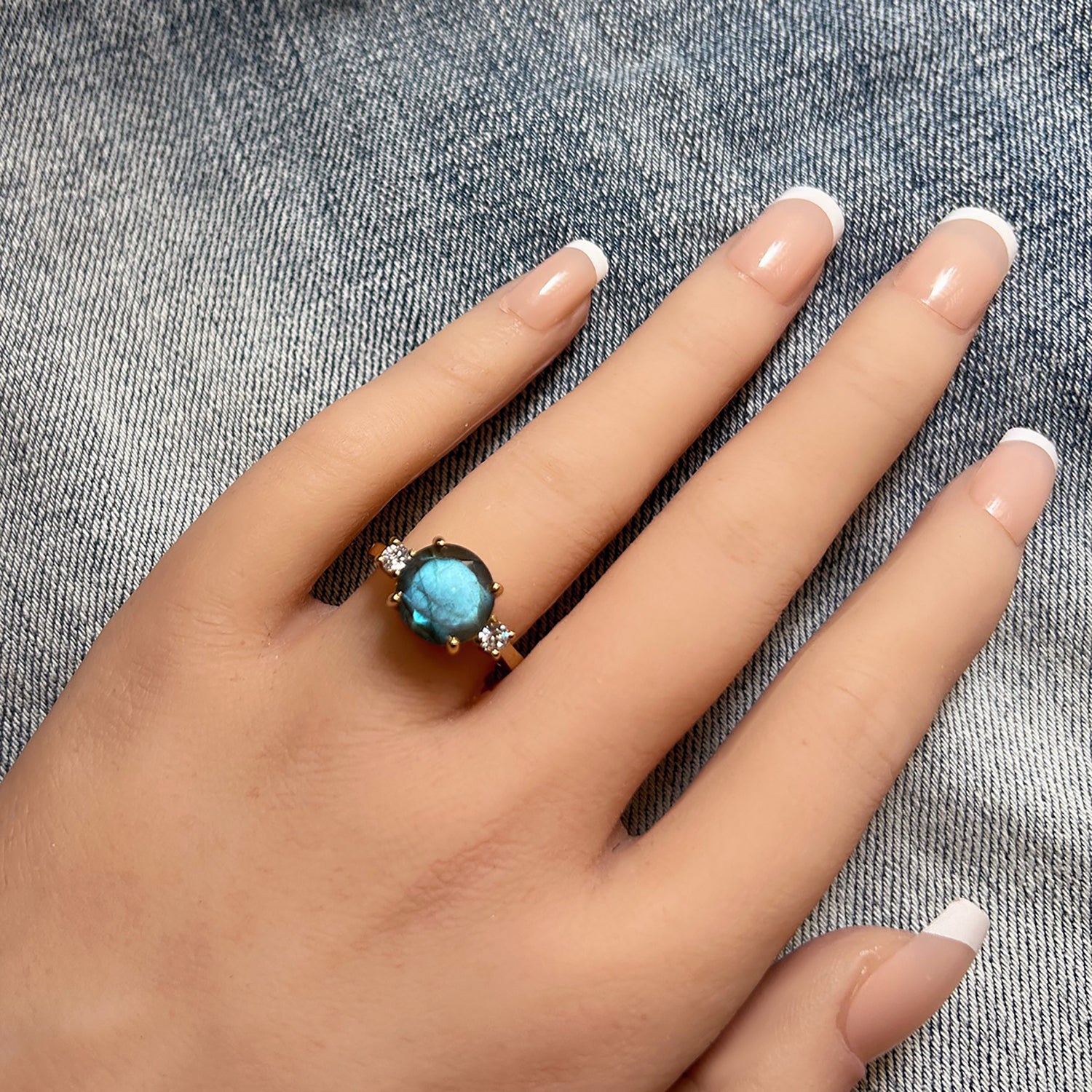 Round Labradorite Statement Ring with Clear Quartz Accents - H.L.Jewelry