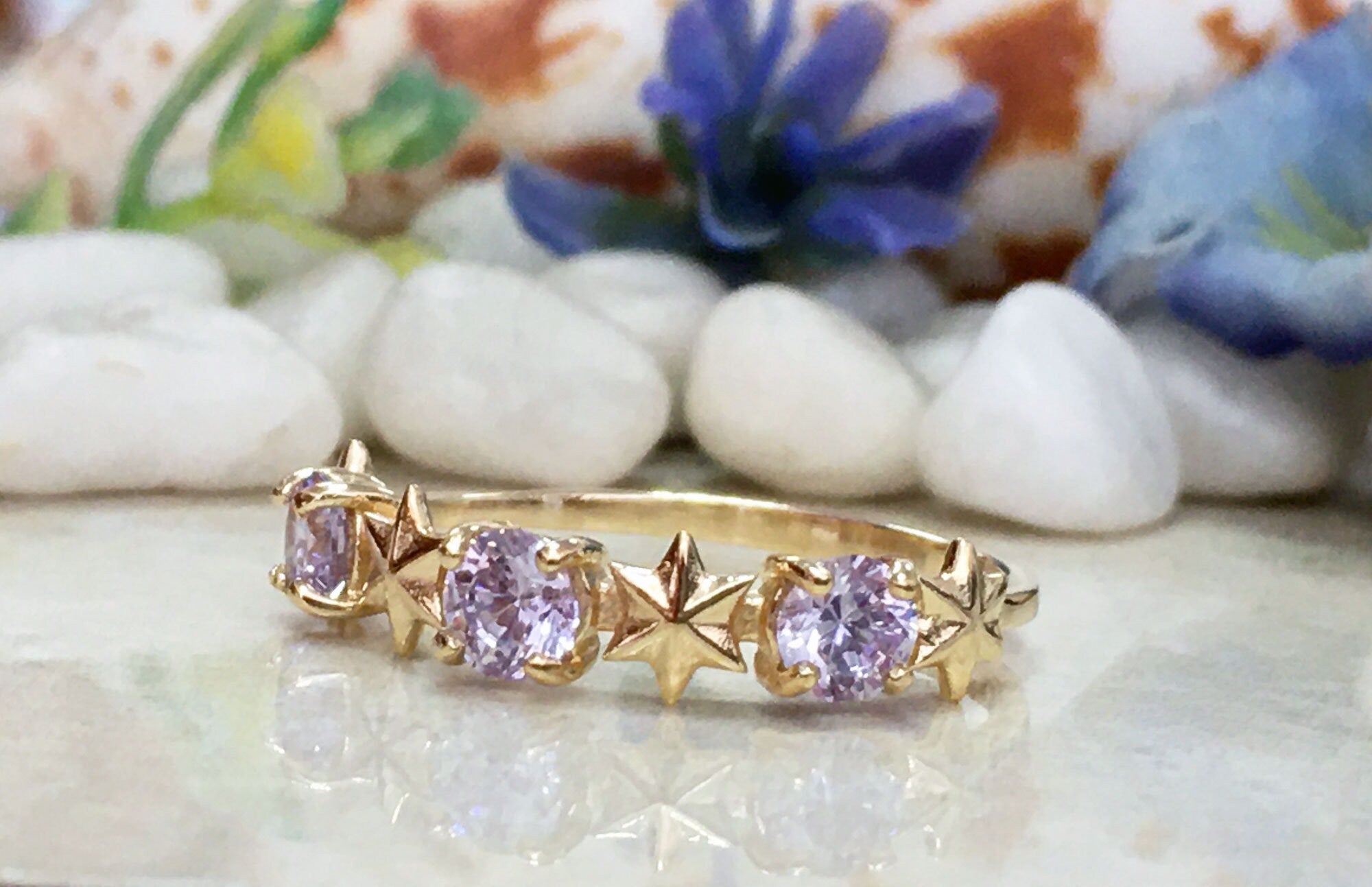 Round Lavender Amethyst Three Stone Ring with Star Accents - H.L.Jewelry
