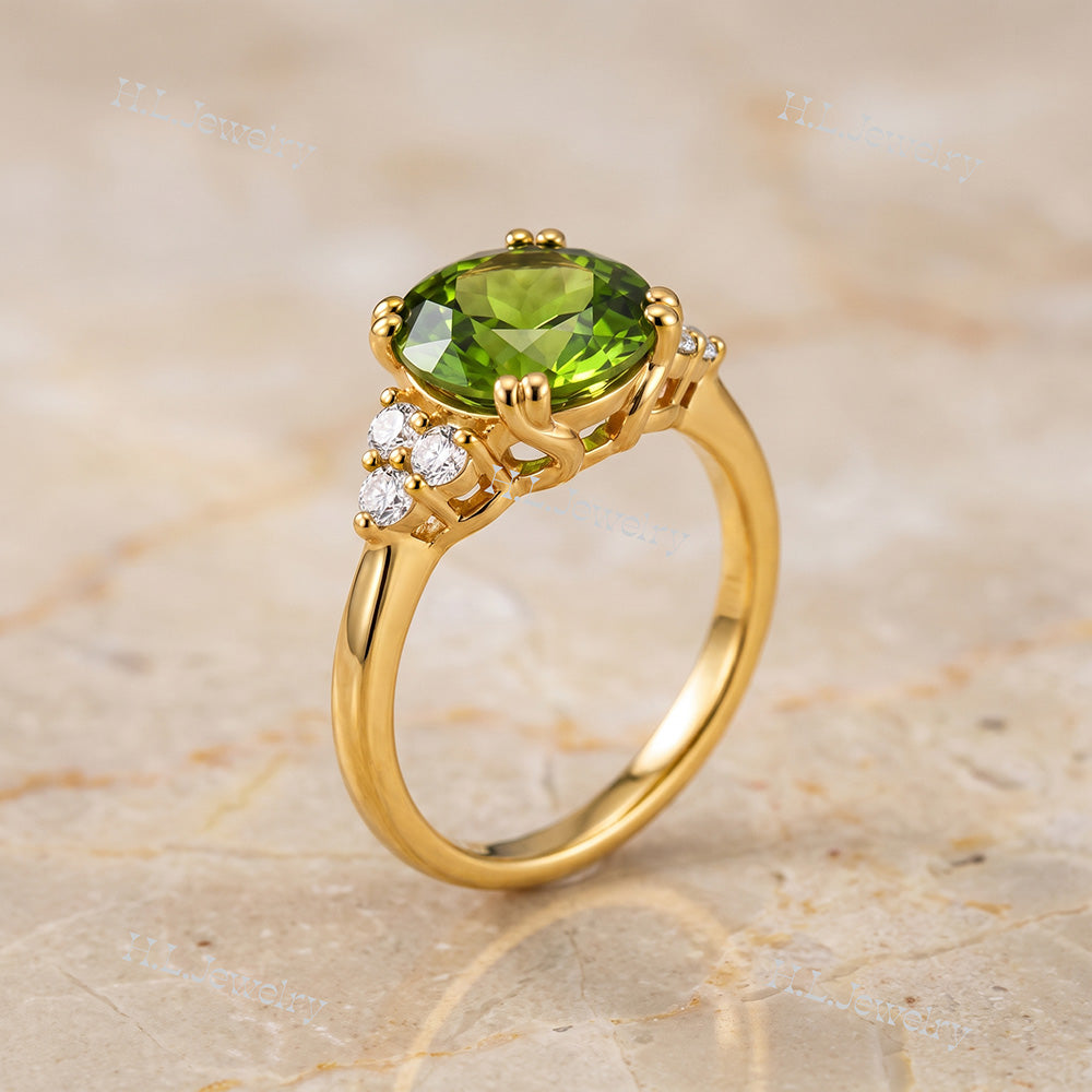 Round Peridot Engagement Ring with Clear Quartz Accents - H.L.Jewelry