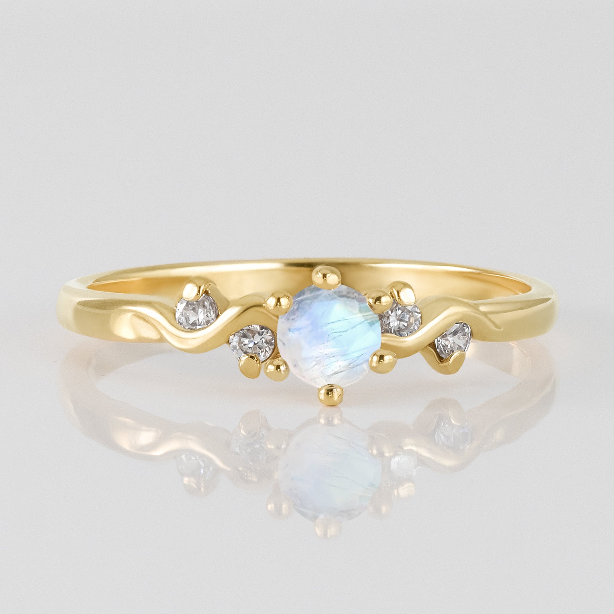 Round Rainbow Moonstone Delicate Ring with Clear Quartz Accents - H.L.Jewelry