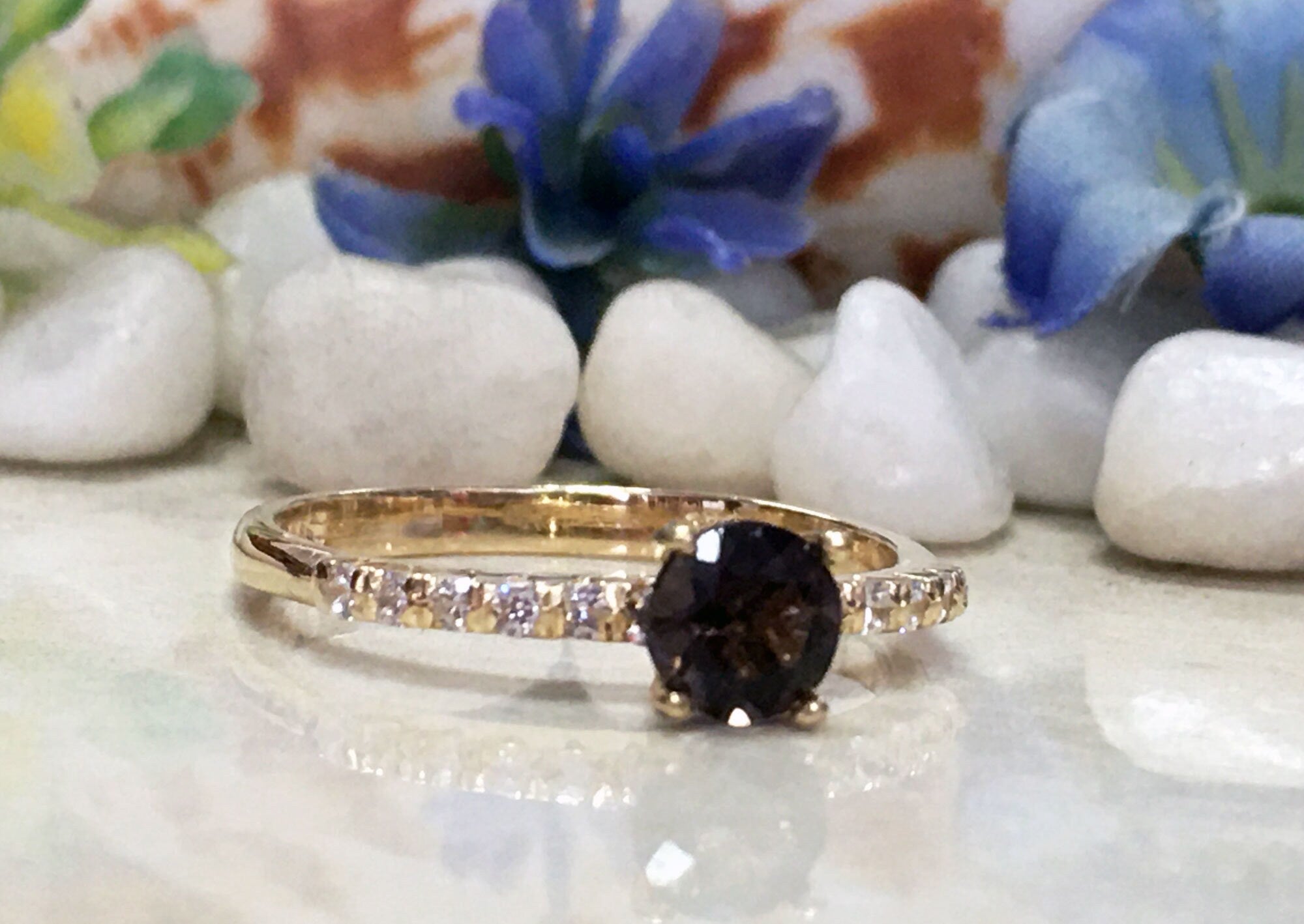 Round Smoky Quartz Delicate Ring with Clear Quartz Accents - H.L.Jewelry