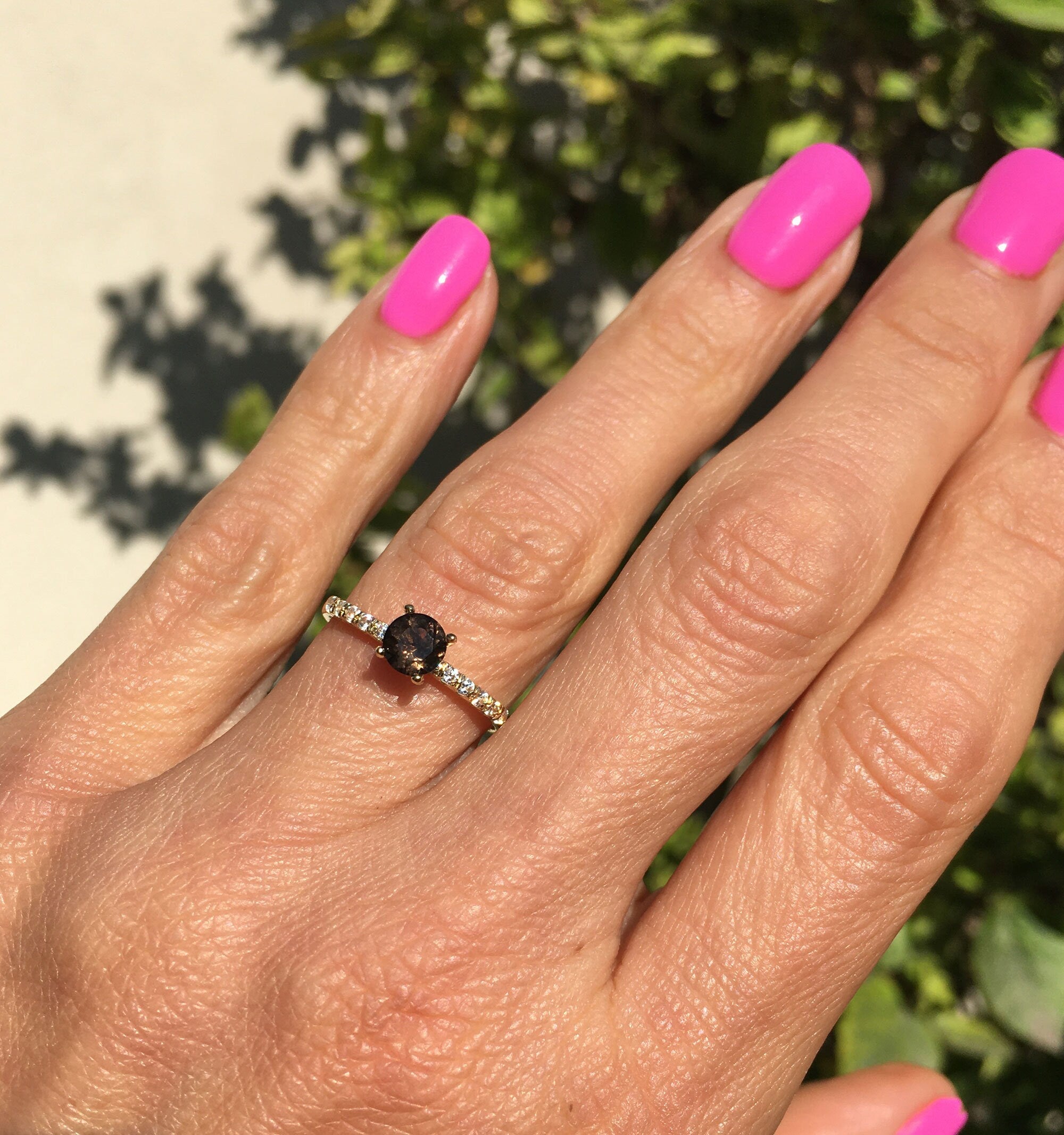 Round Smoky Quartz Delicate Ring with Clear Quartz Accents - H.L.Jewelry