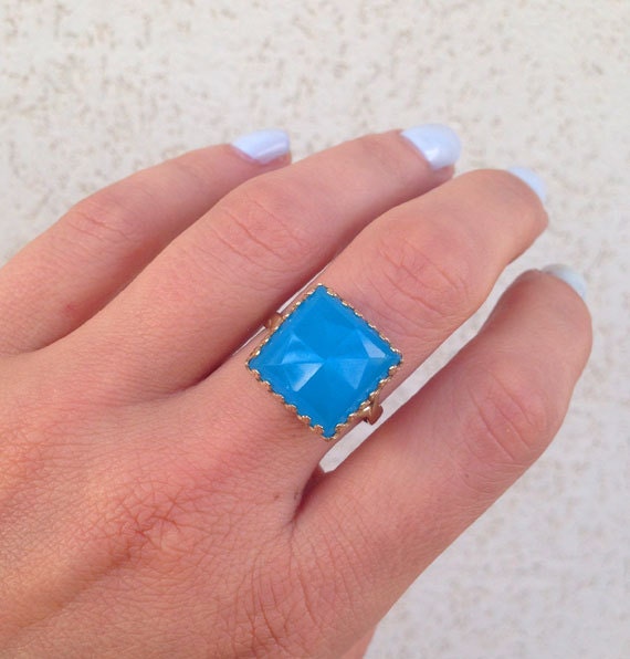 Square Crown Rose Cut Blue Chalcedony Large Statement Ring - H.L.Jewelry