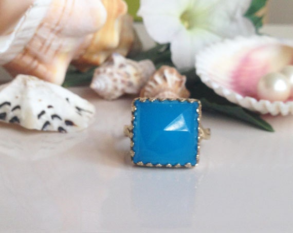 Square Crown Rose Cut Blue Chalcedony Large Statement Ring - H.L.Jewelry