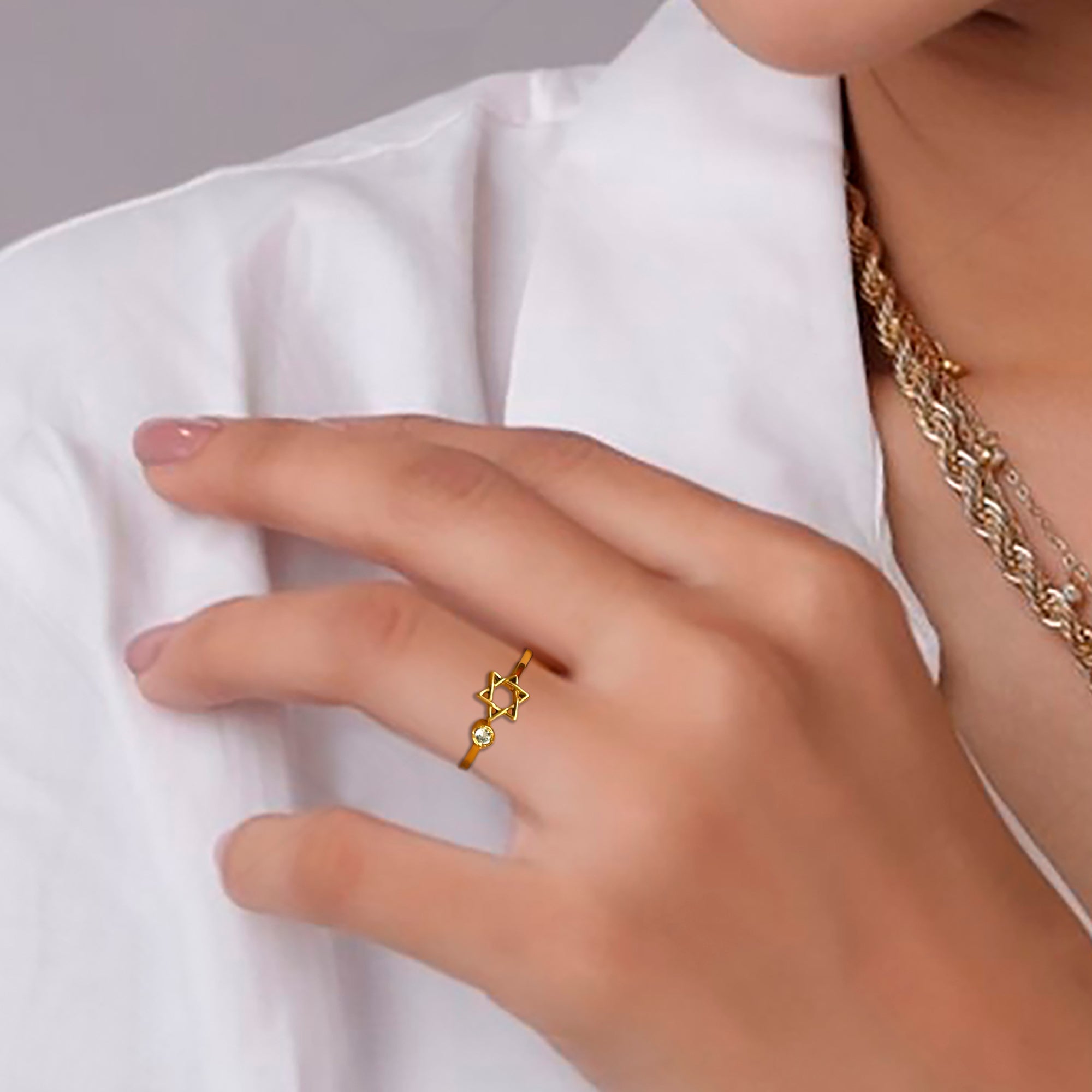 Star of David Simple Adjustable Ring with Round Clear Quartz - H.L.Jewelry