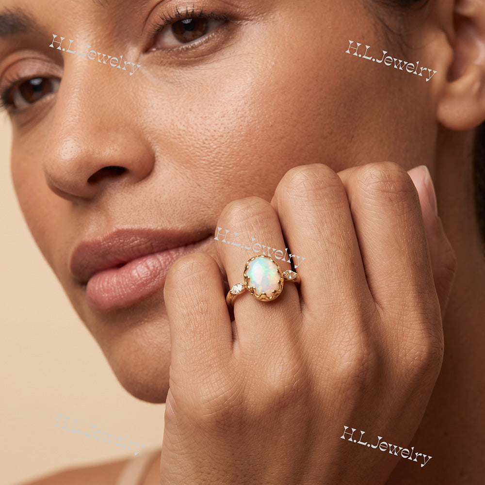 White Opal Vintage Oval Crown Ring with Clear Quartz Accents - H.L.Jewelry
