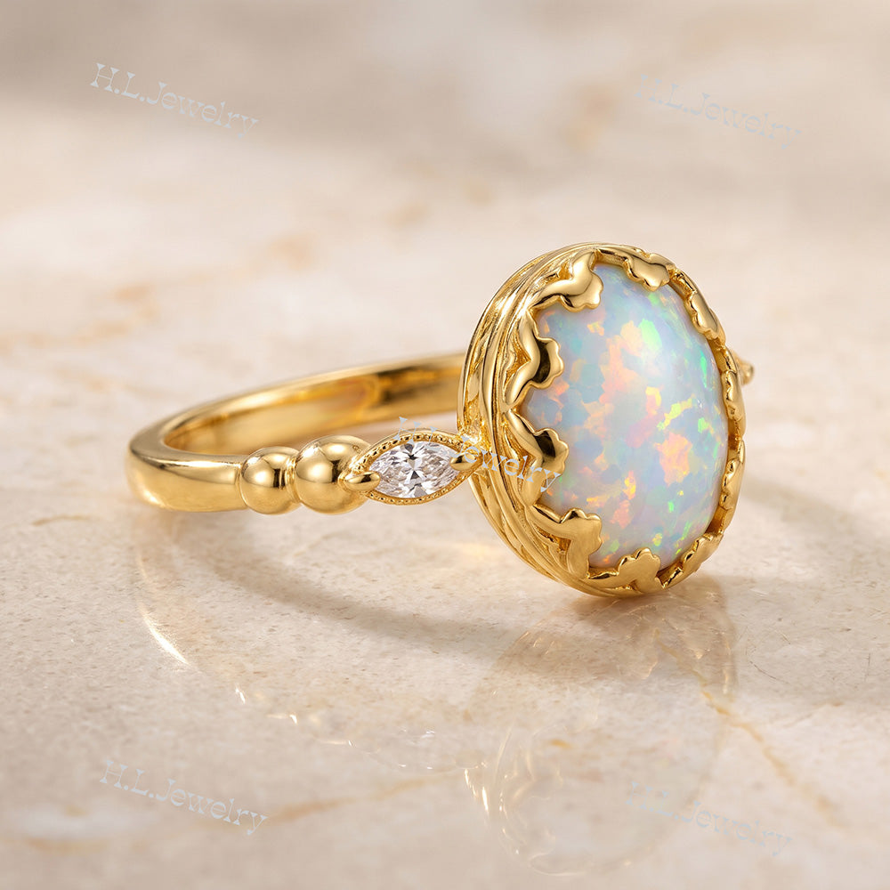 White Opal Vintage Oval Crown Ring with Clear Quartz Accents - H.L.Jewelry