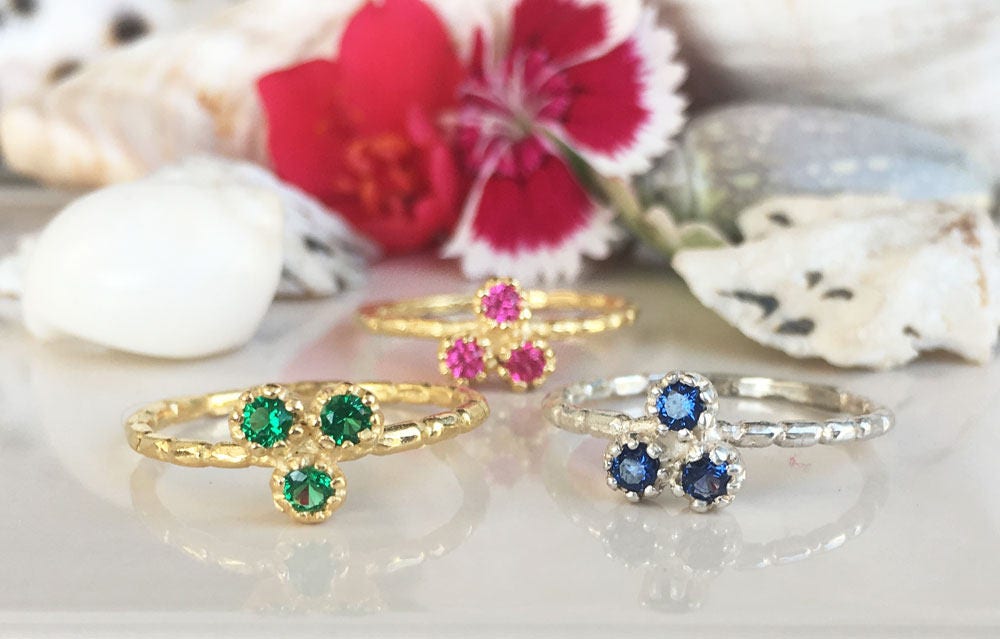 Any Birthstone Simple Delicate Triple Ring - H.L.Jewelry