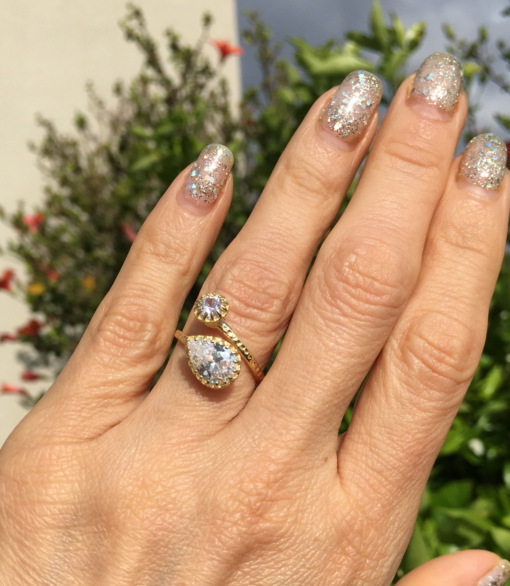 April Birthstone Clear Quartz Adjustable Hammered Band Ring - H.L.Jewelry